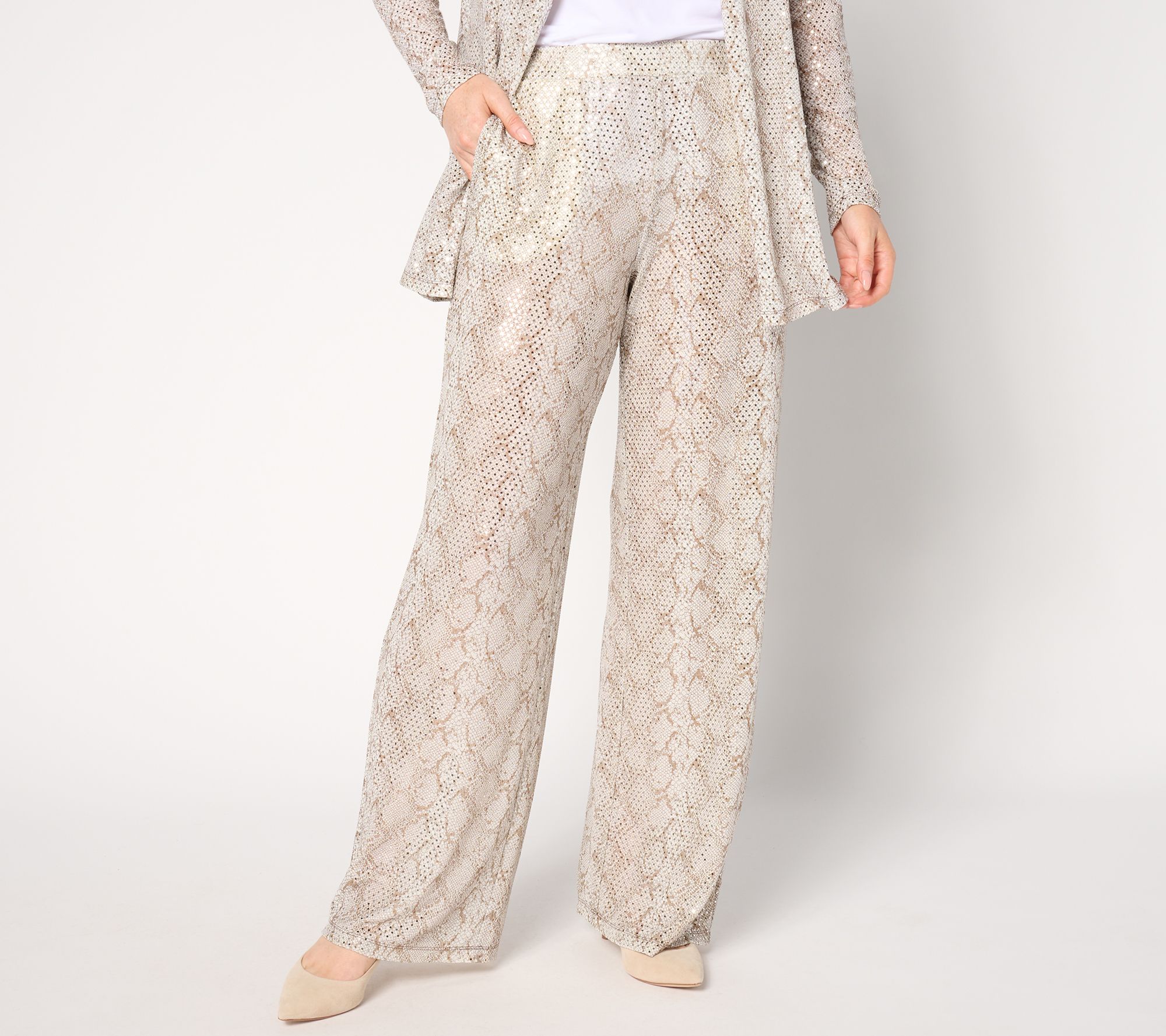 "As Is" Susan Graver Occasion Pet Metallic Knit Foil Print Wide Leg Pants