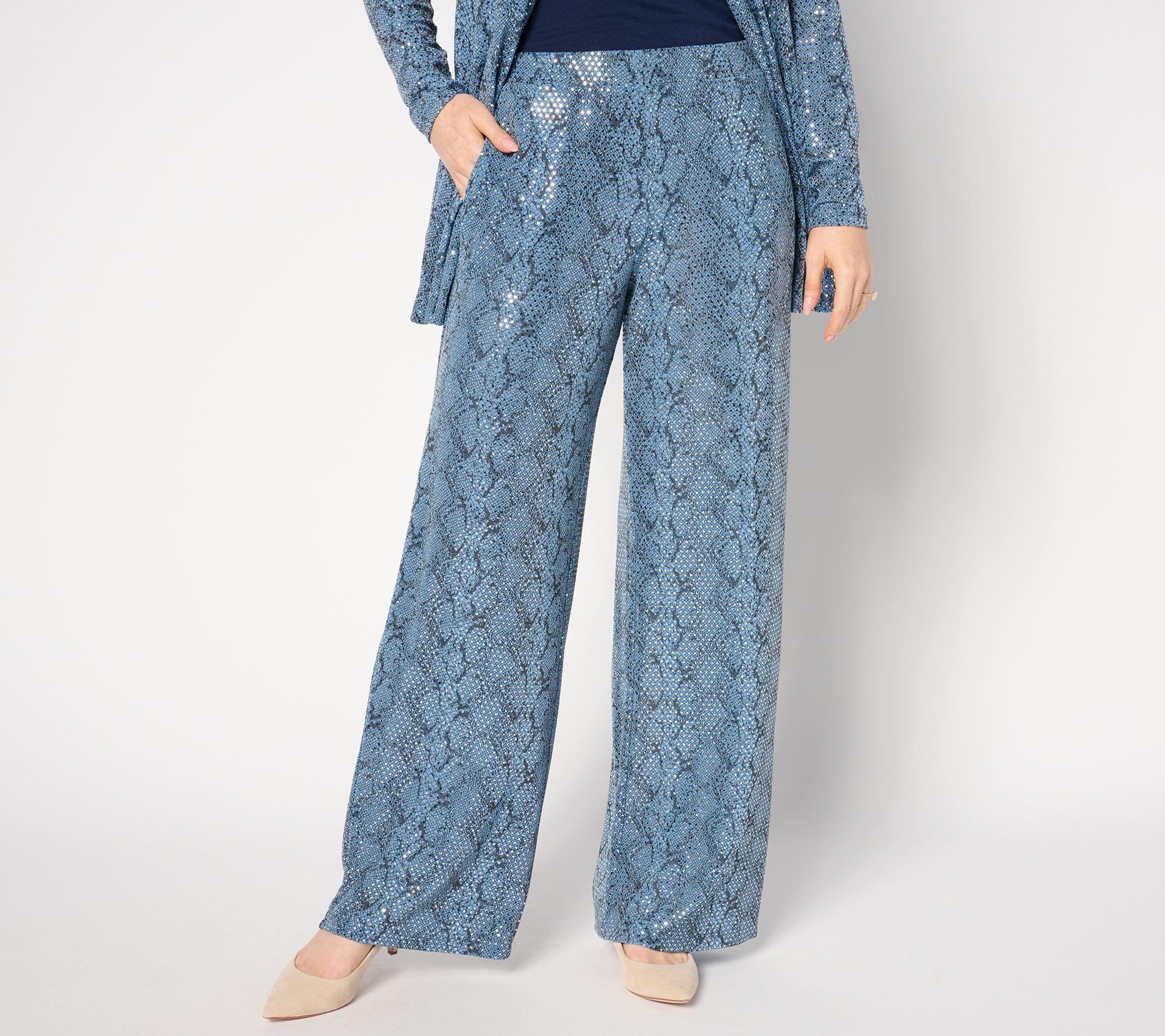 "As Is" Susan Graver Occasion Pet Metallic Knit Foil Print Wide Leg Pants