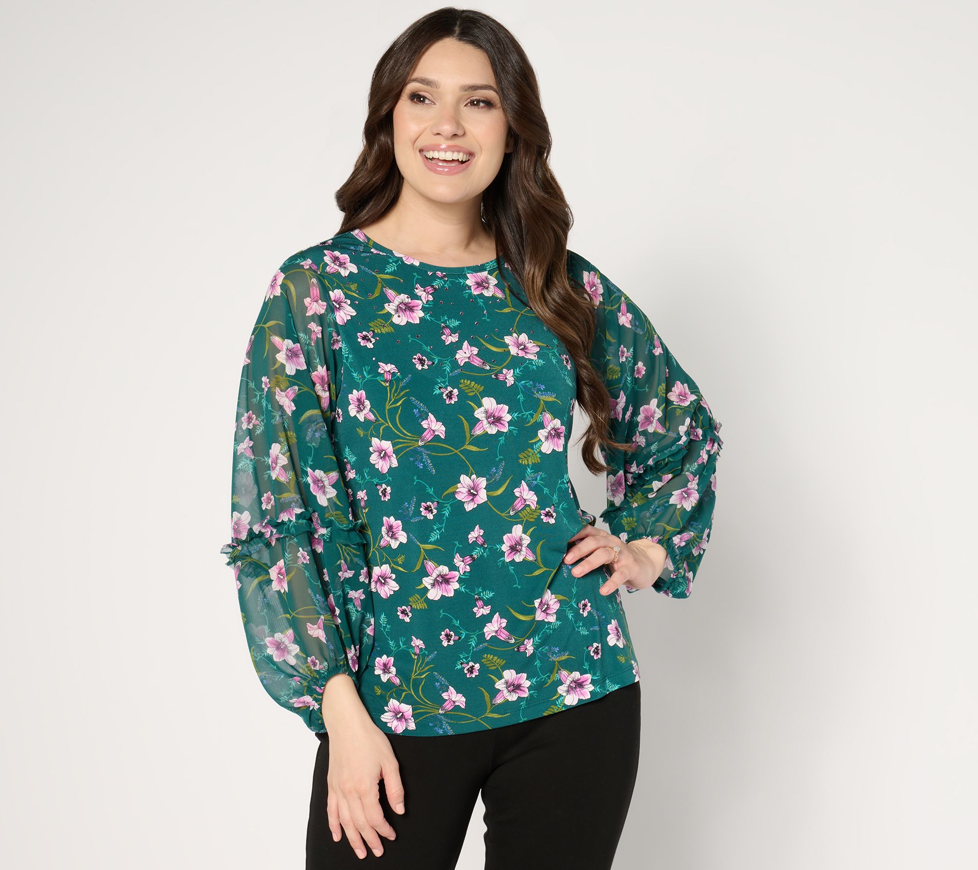 "As Is" Susan Graver Printed Liquid Knit Scoop Neck Top w/Woven Sleeves