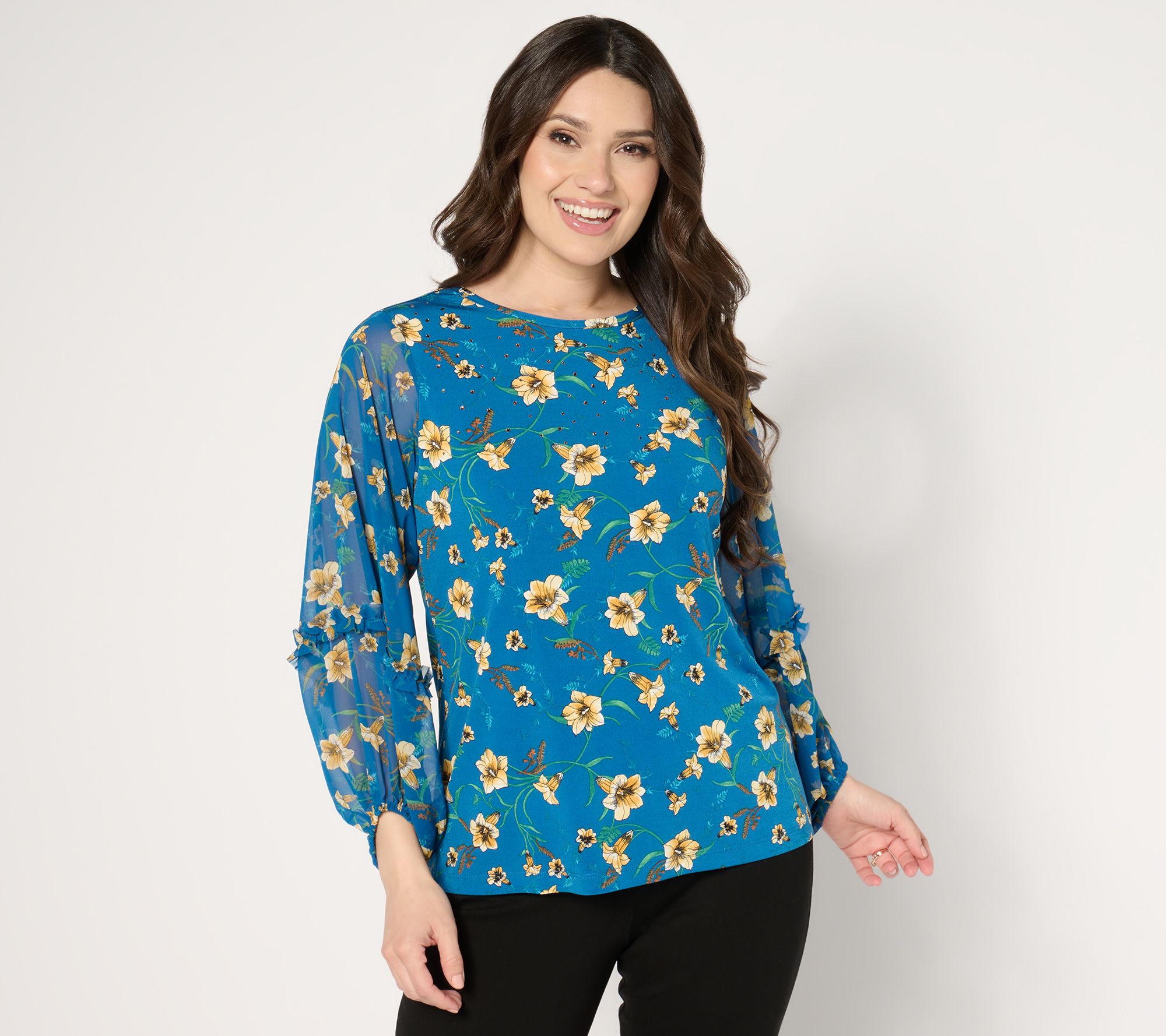 "As Is" Susan Graver Printed Liquid Knit Scoop Neck Top w/Woven Sleeves