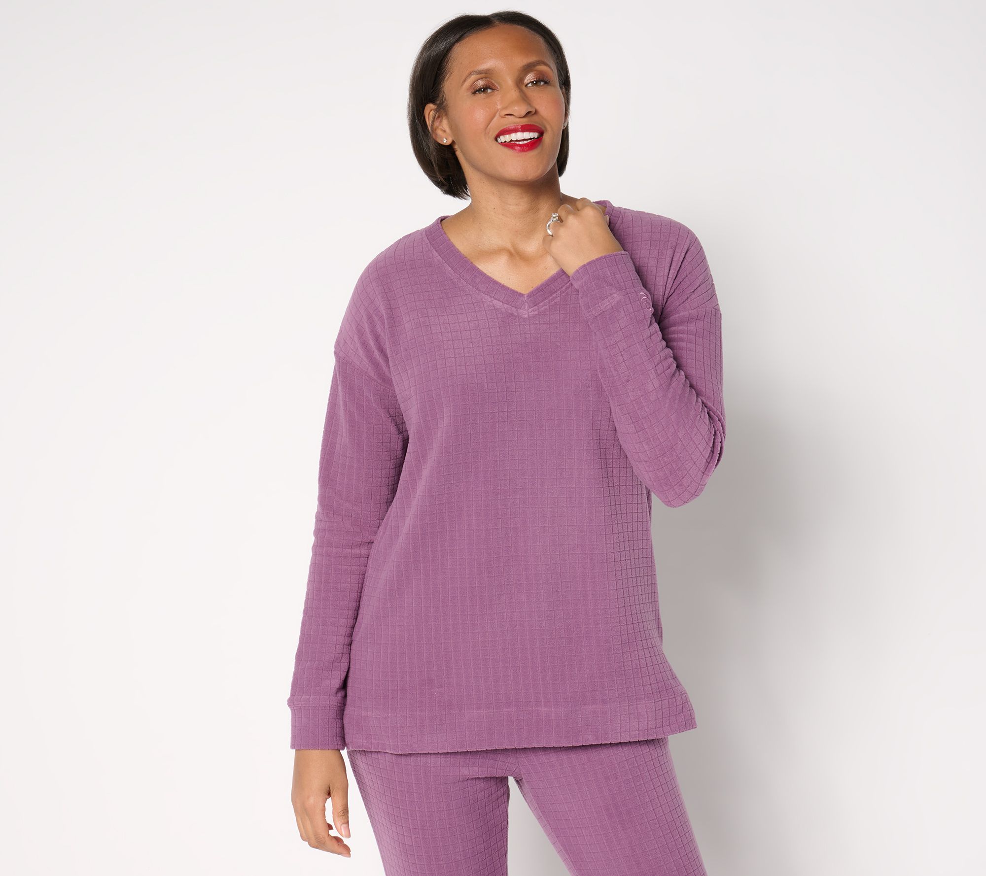 "As Is" Cuddl Duds Grid Fleece V-Neck Pullover