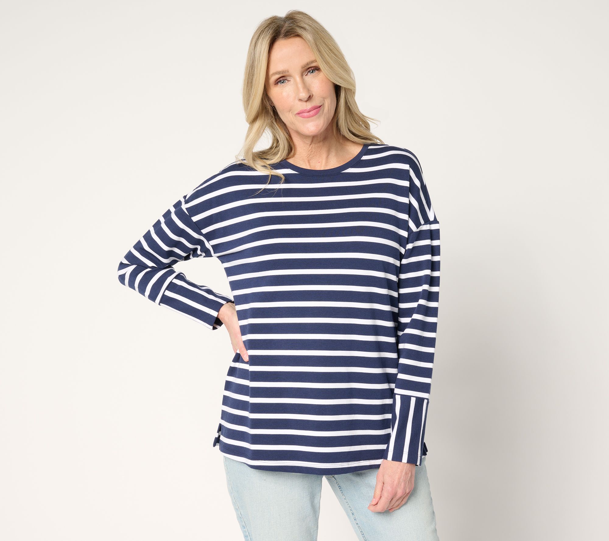 "As Is" Denim & Co. Active French Terry Drop Shoulder Striped Top