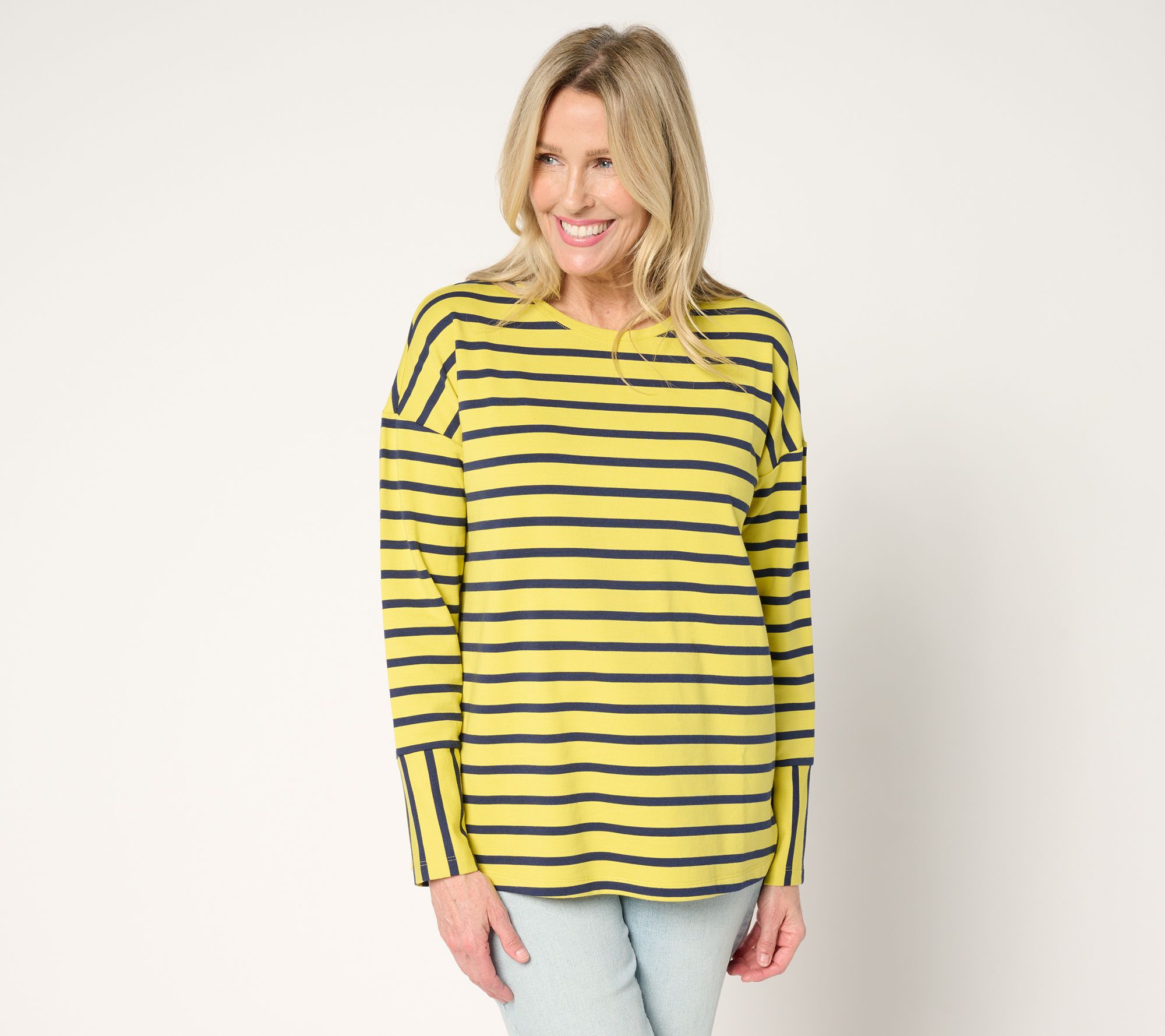 "As Is" Denim & Co. Active French Terry Drop Shoulder Striped Top