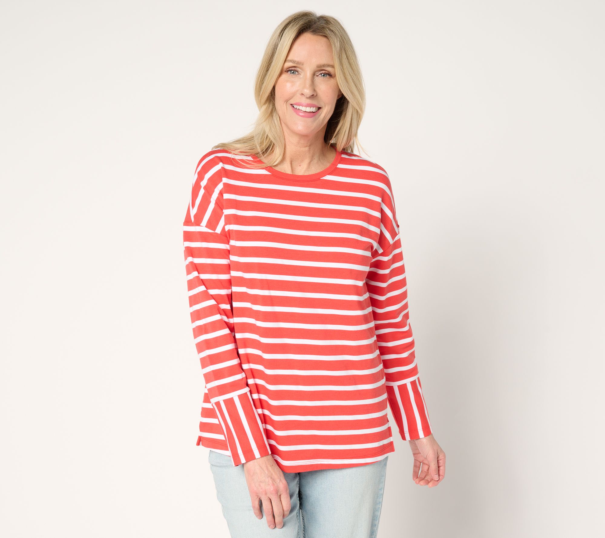 "As Is" Denim & Co. Active French Terry Drop Shoulder Striped Top
