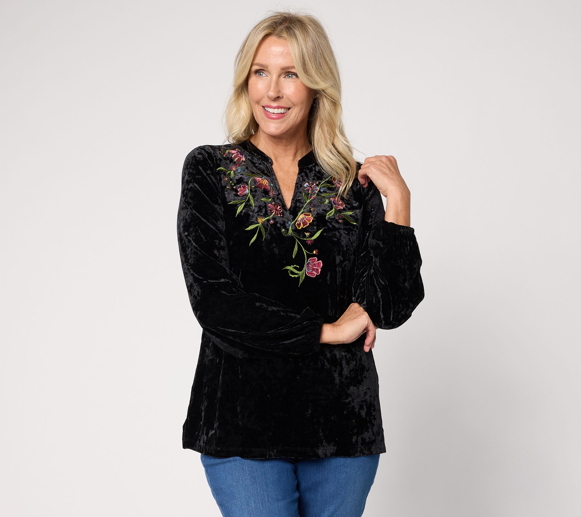 Belle Boho by Kim Gravel Crushed Velvet Embroidered Top