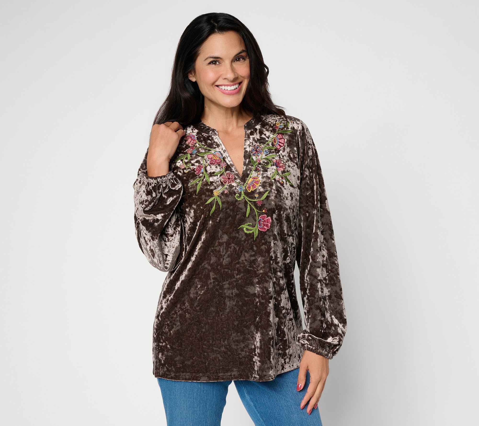 Belle Boho by Kim Gravel Crushed Velvet Embroidered Top