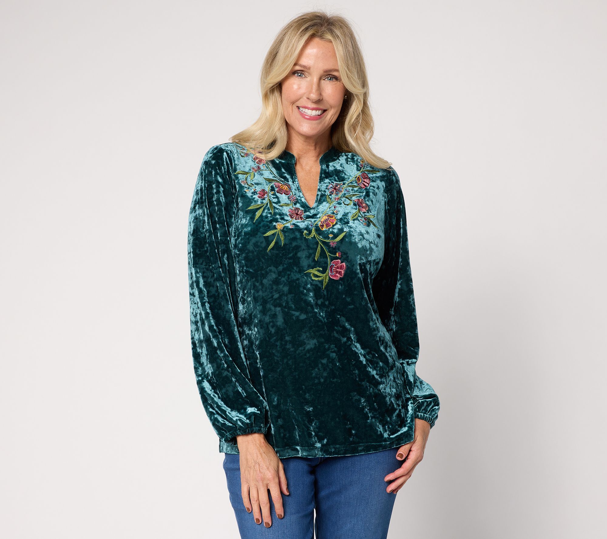 Belle Boho by Kim Gravel Crushed Velvet Embroidered Top