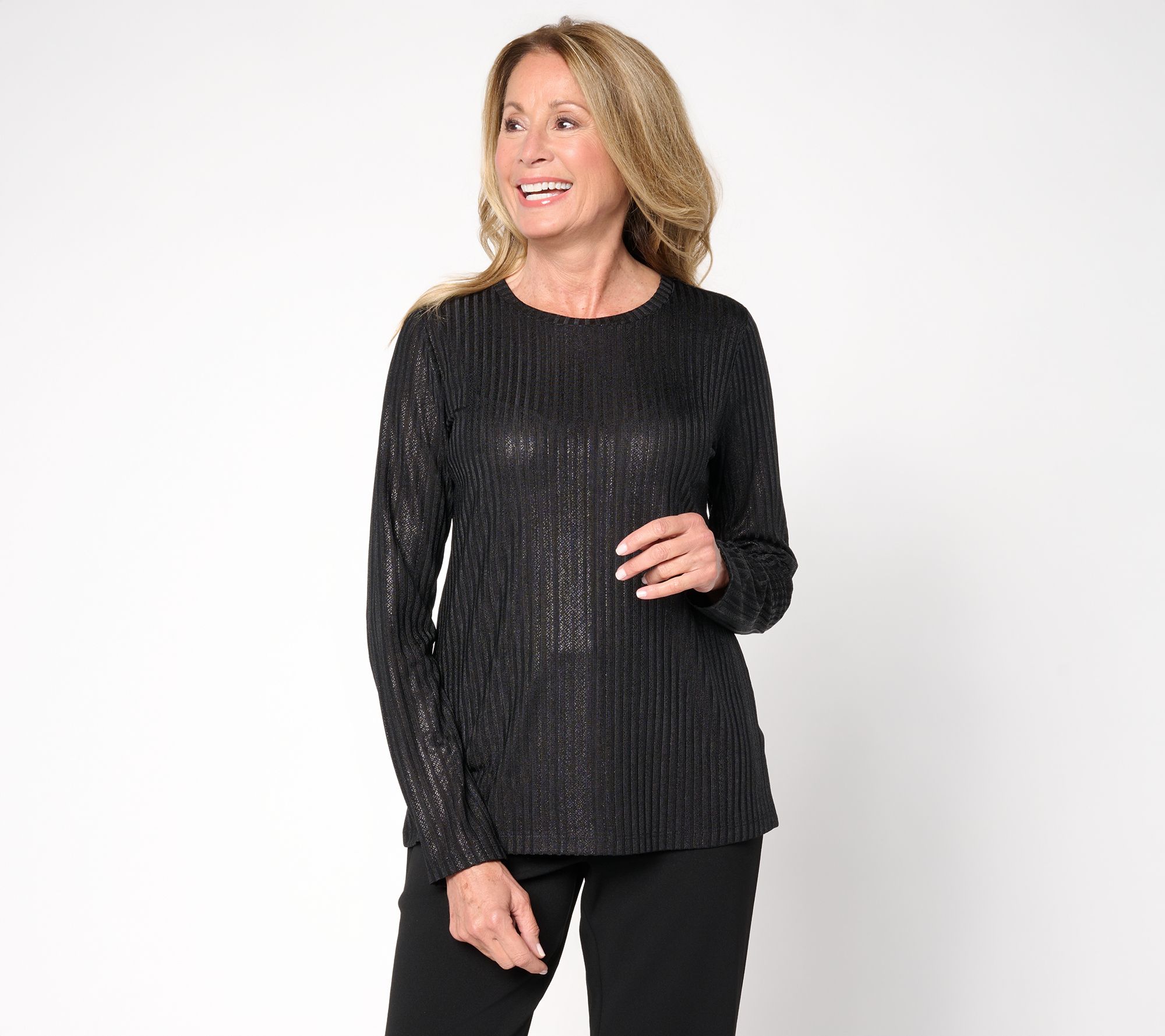 Susan Graver Metallic Rib Knit Crew Neck Top