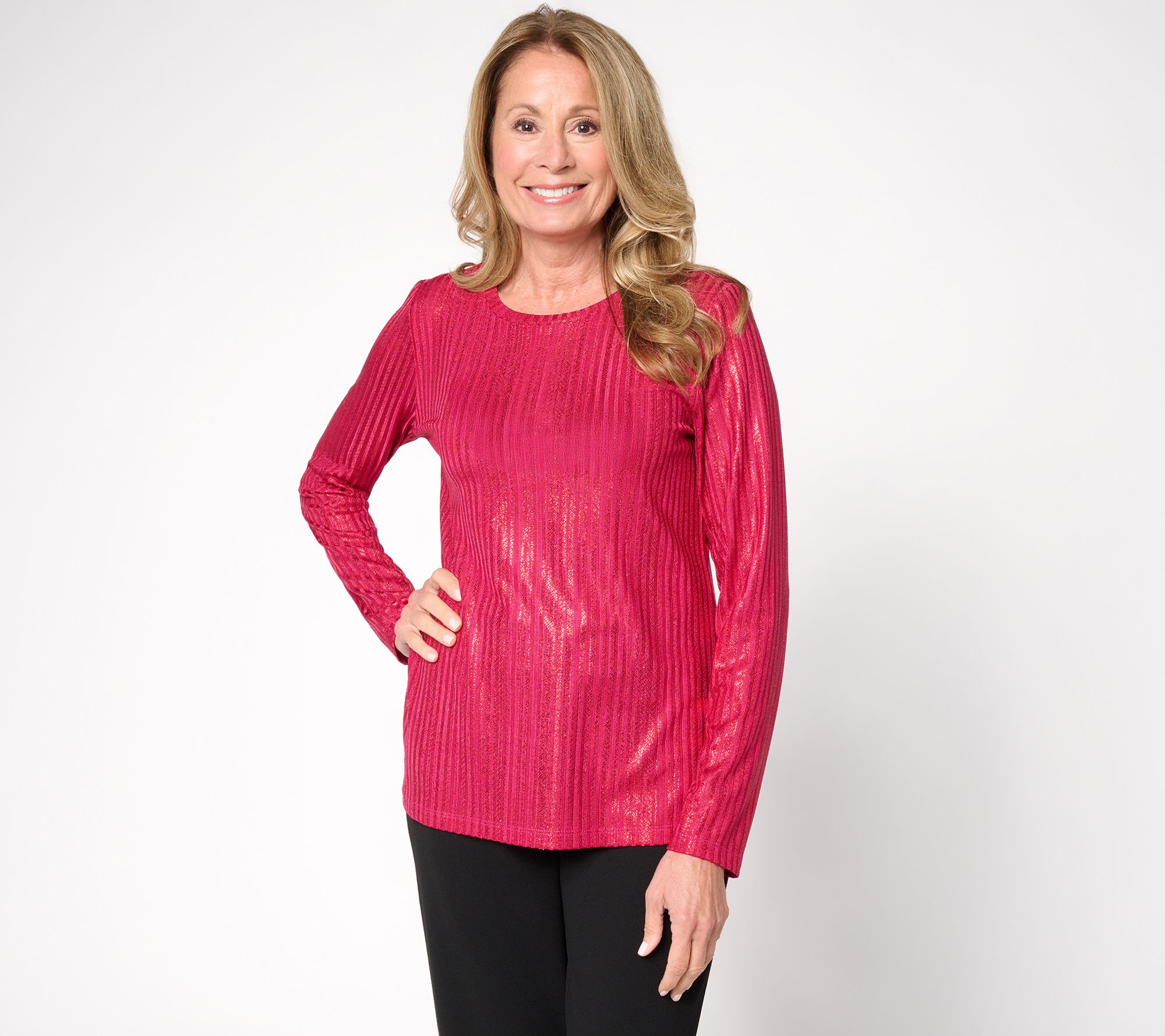 Susan Graver Metallic Rib Knit Crew Neck Top