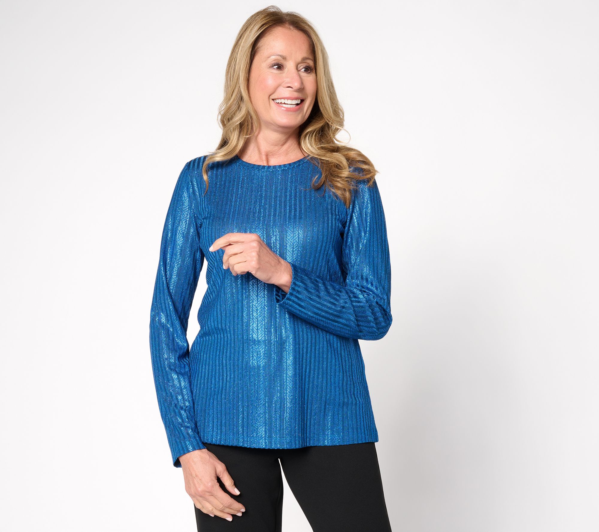 Susan Graver Metallic Rib Knit Crew Neck Top