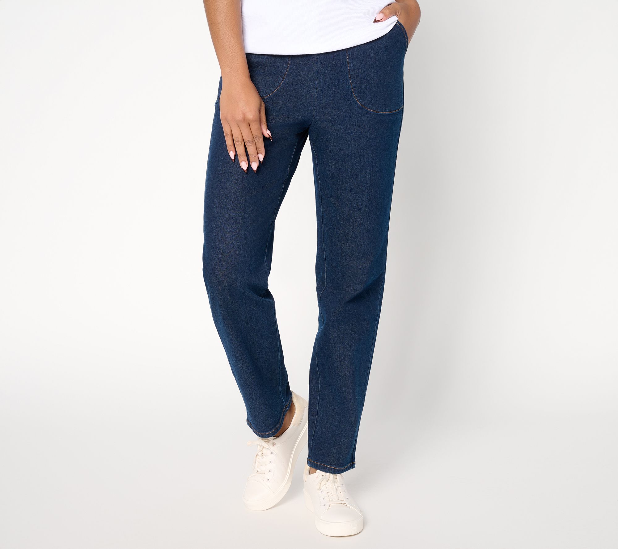 Denim & Co. Petite Indigo Flat Front Denim Side Pocket Pant