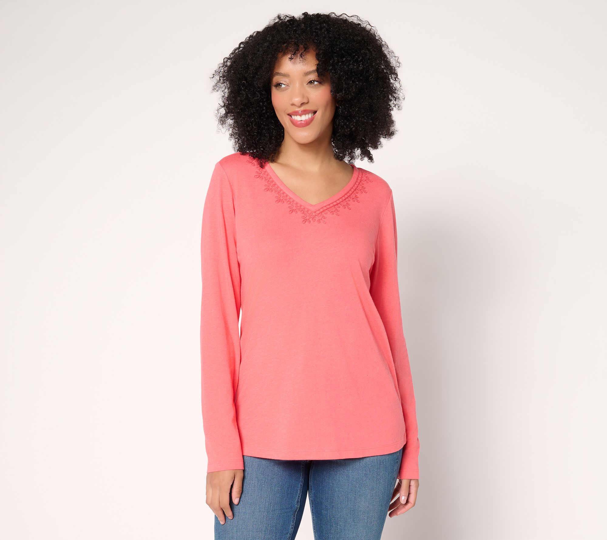 Denim & Co. Long Sleeve Embroidered V-Neck Knit Top