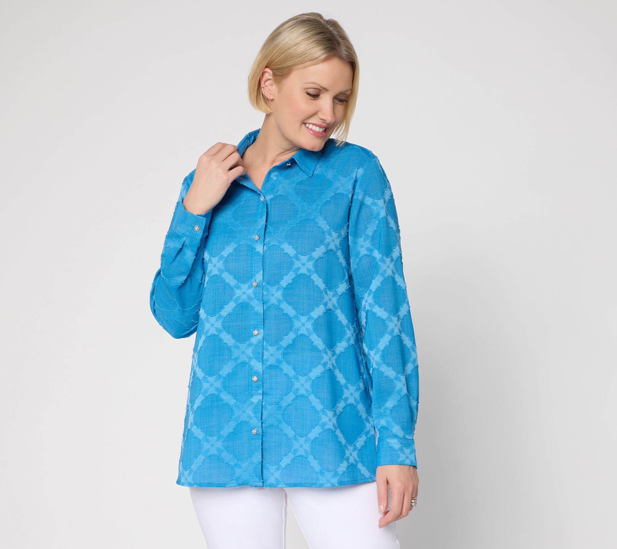 Susan Graver Clipped Jacquard Woven Button Front Tunic