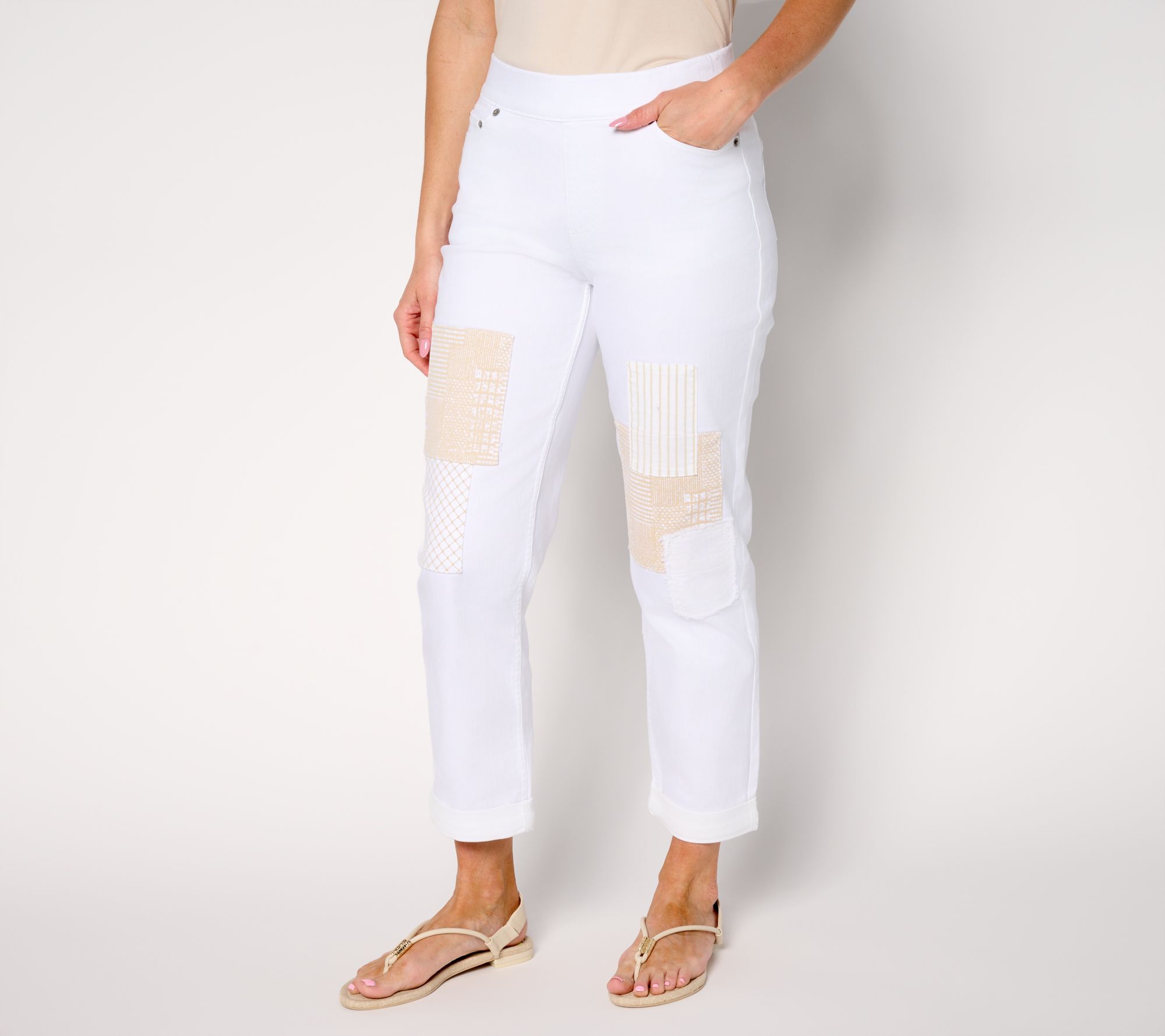 "As Is" LOGO by Lori Goldstein White Petite Pull On Ankle Boyfriend Jeans