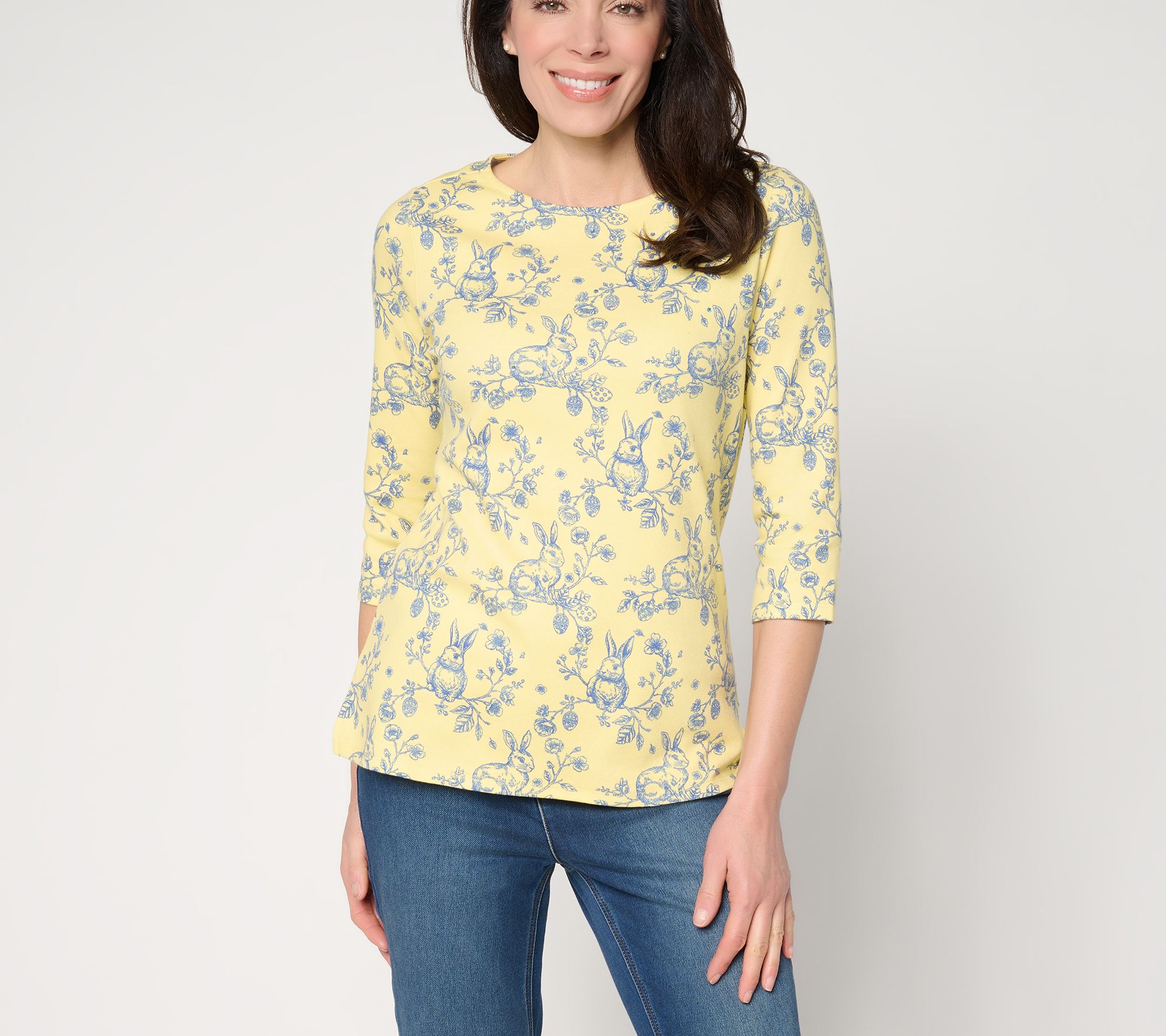 Quacker Factory Bunny Hop Toile Printed Mini Boat Neck Top