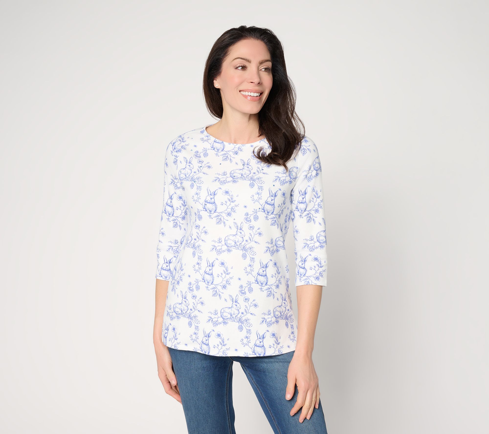 Quacker Factory Bunny Hop Toile Printed Mini Boat Neck Top