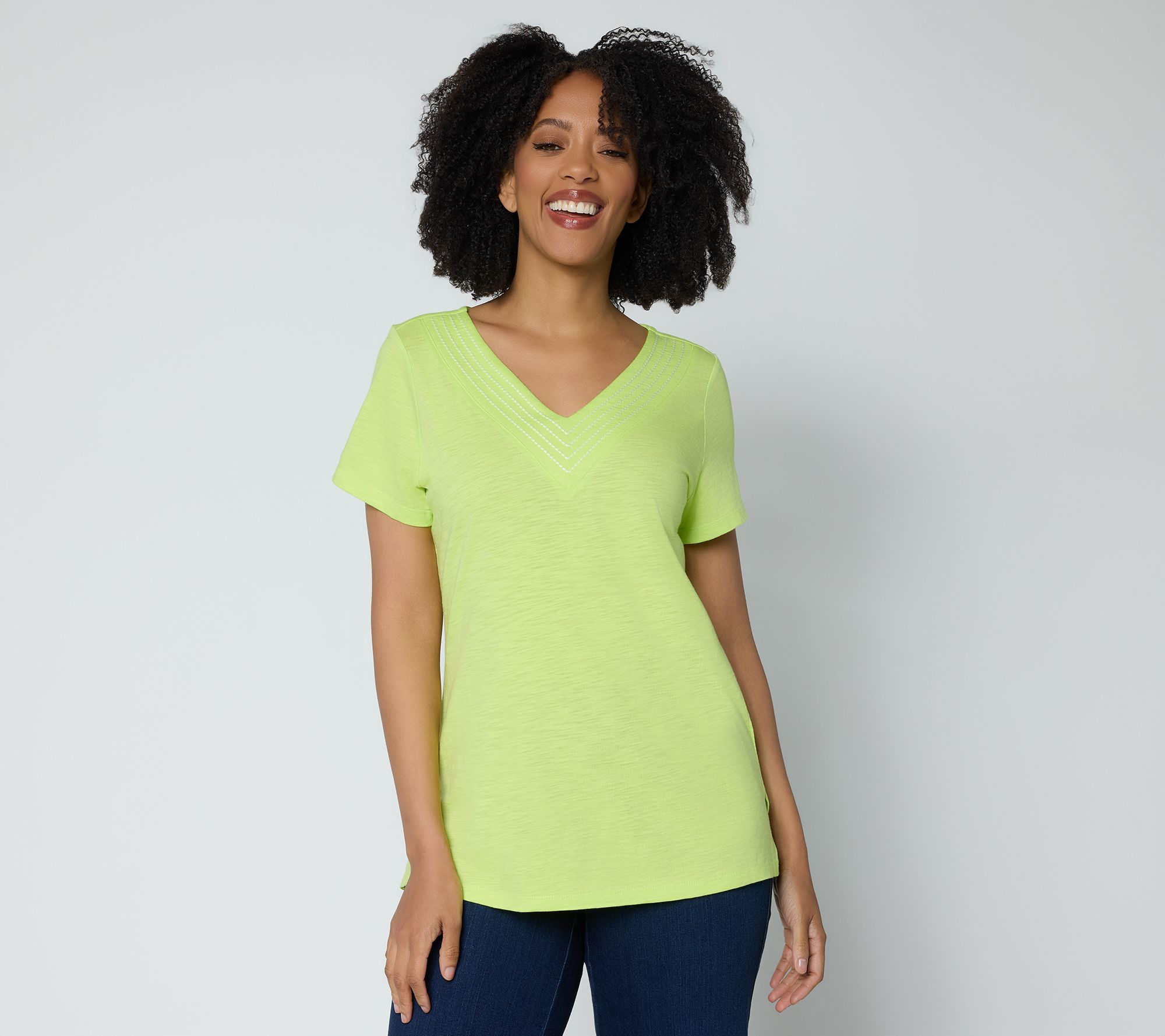 Belle by Kim Gravel Slub Knit Triple Stitch V Neck Top