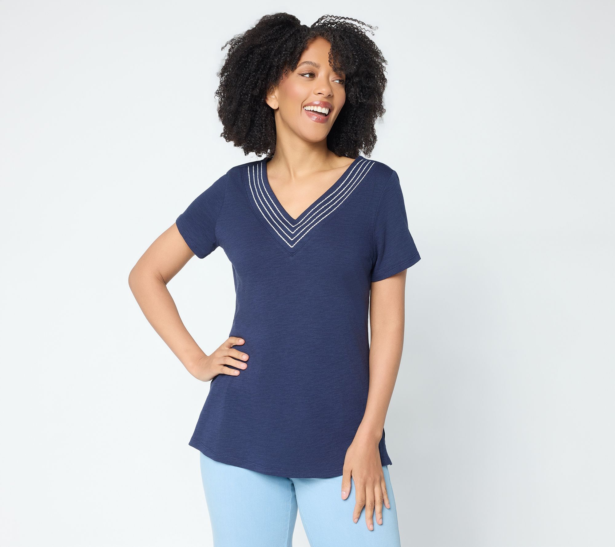 Belle by Kim Gravel Slub Knit Triple Stitch V Neck Top