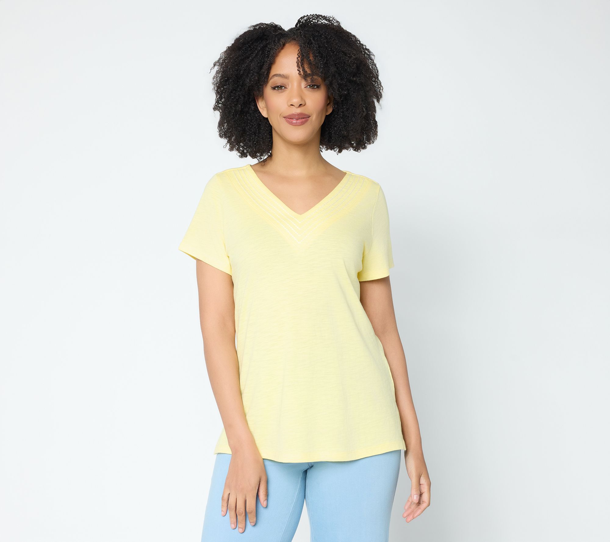 Belle by Kim Gravel Slub Knit Triple Stitch V Neck Top