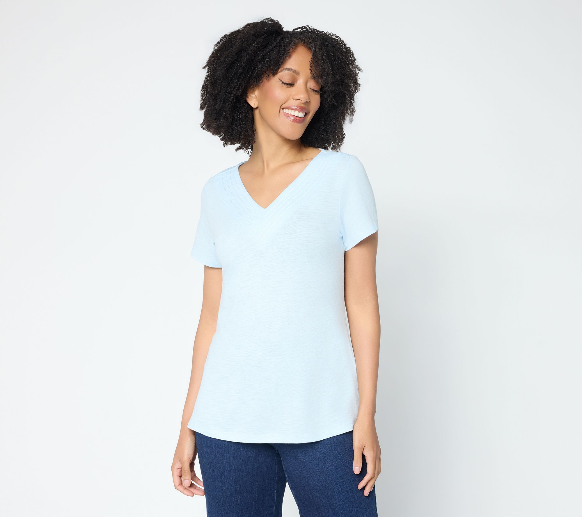 Belle by Kim Gravel Slub Knit Triple Stitch V Neck Top