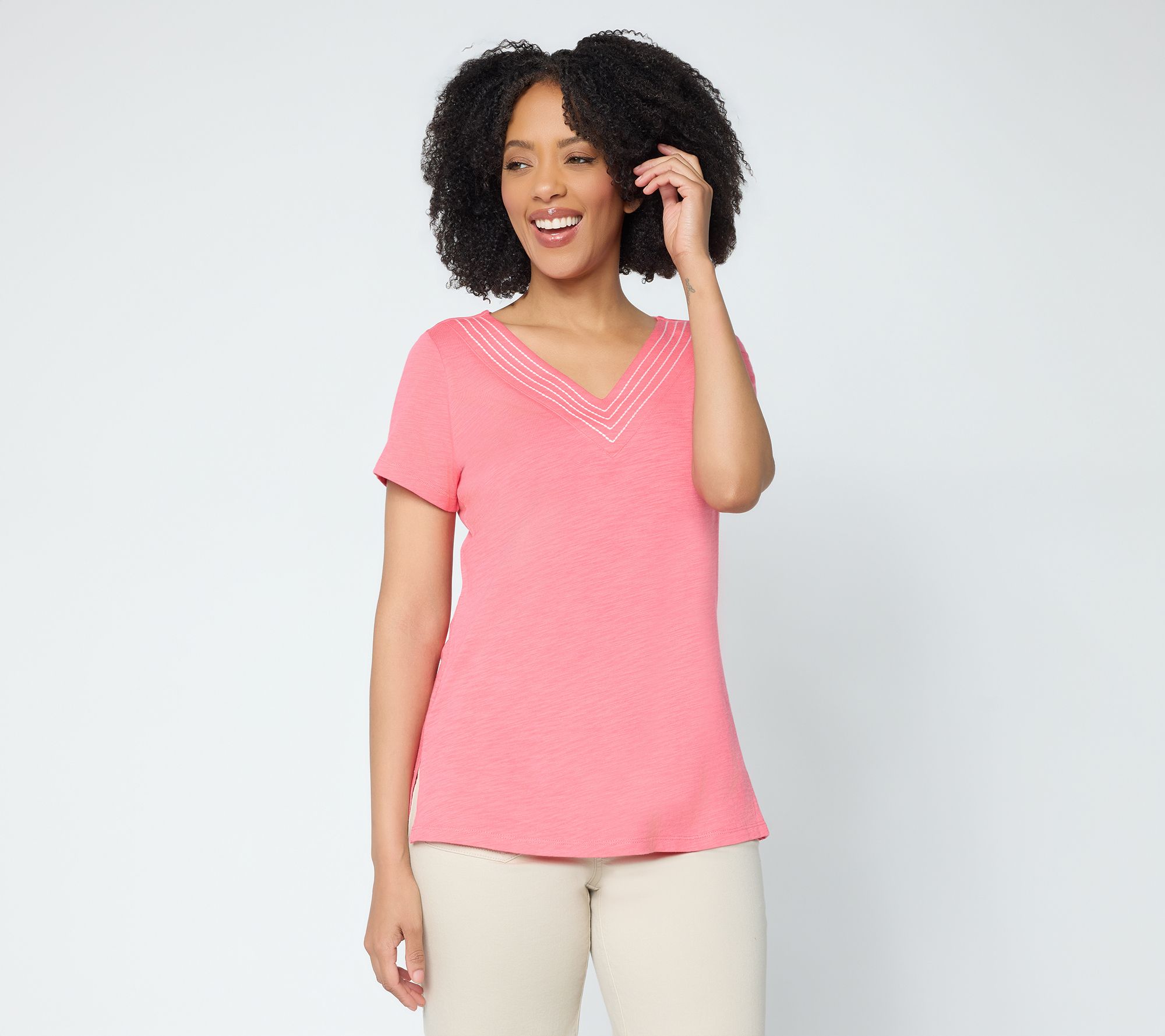 Belle by Kim Gravel Slub Knit Triple Stitch V Neck Top