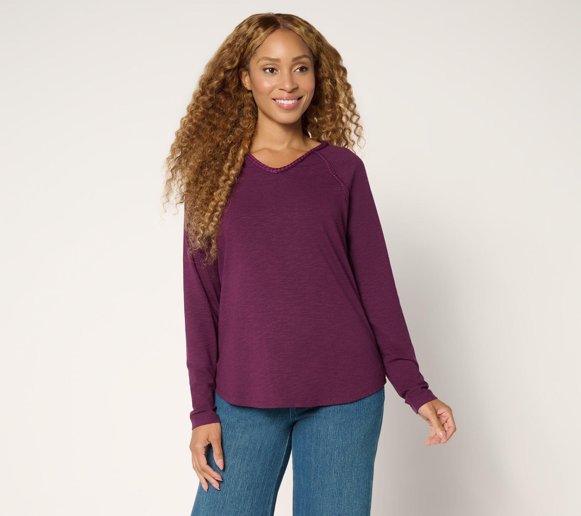 "As Is" Belle Boho by Kim Gravel Slub Knit Braided Raglan V-Neck