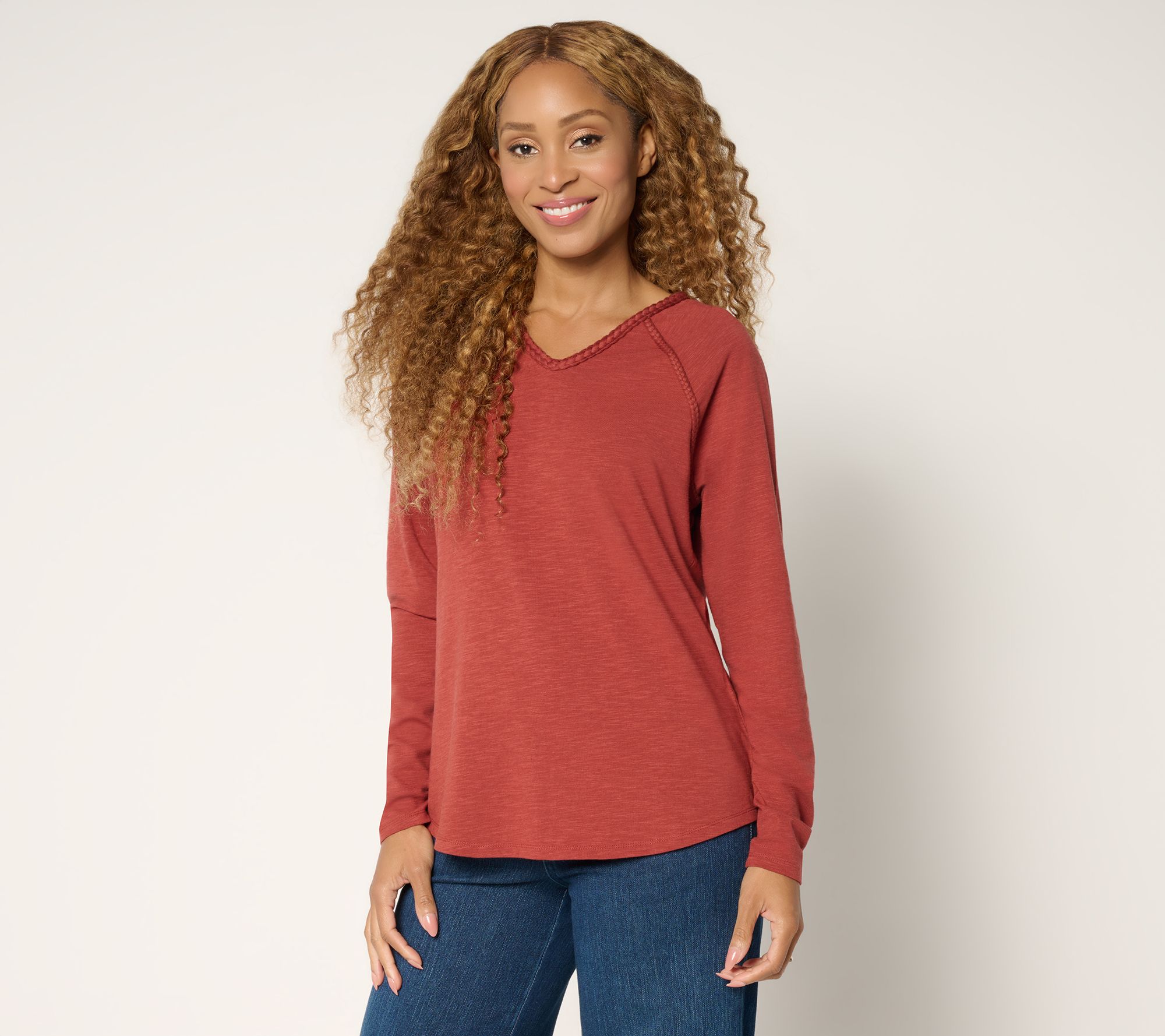 "As Is" Belle Boho by Kim Gravel Slub Knit Braided Raglan V-Neck