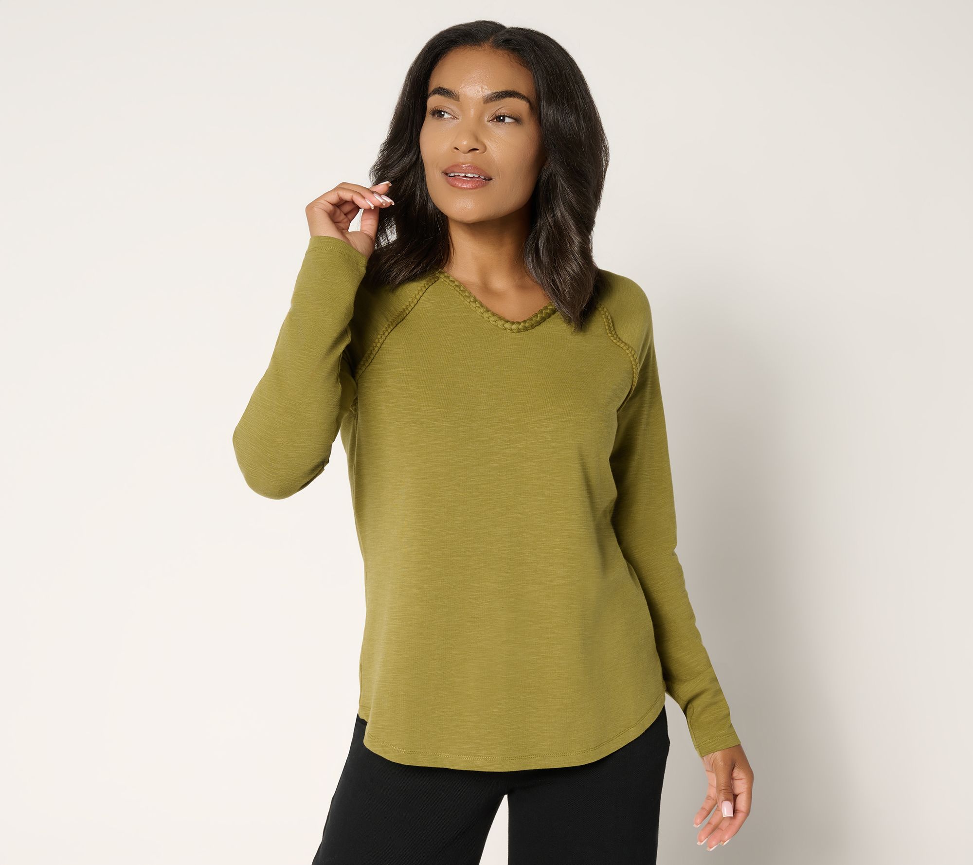 "As Is" Belle Boho by Kim Gravel Slub Knit Braided Raglan V-Neck