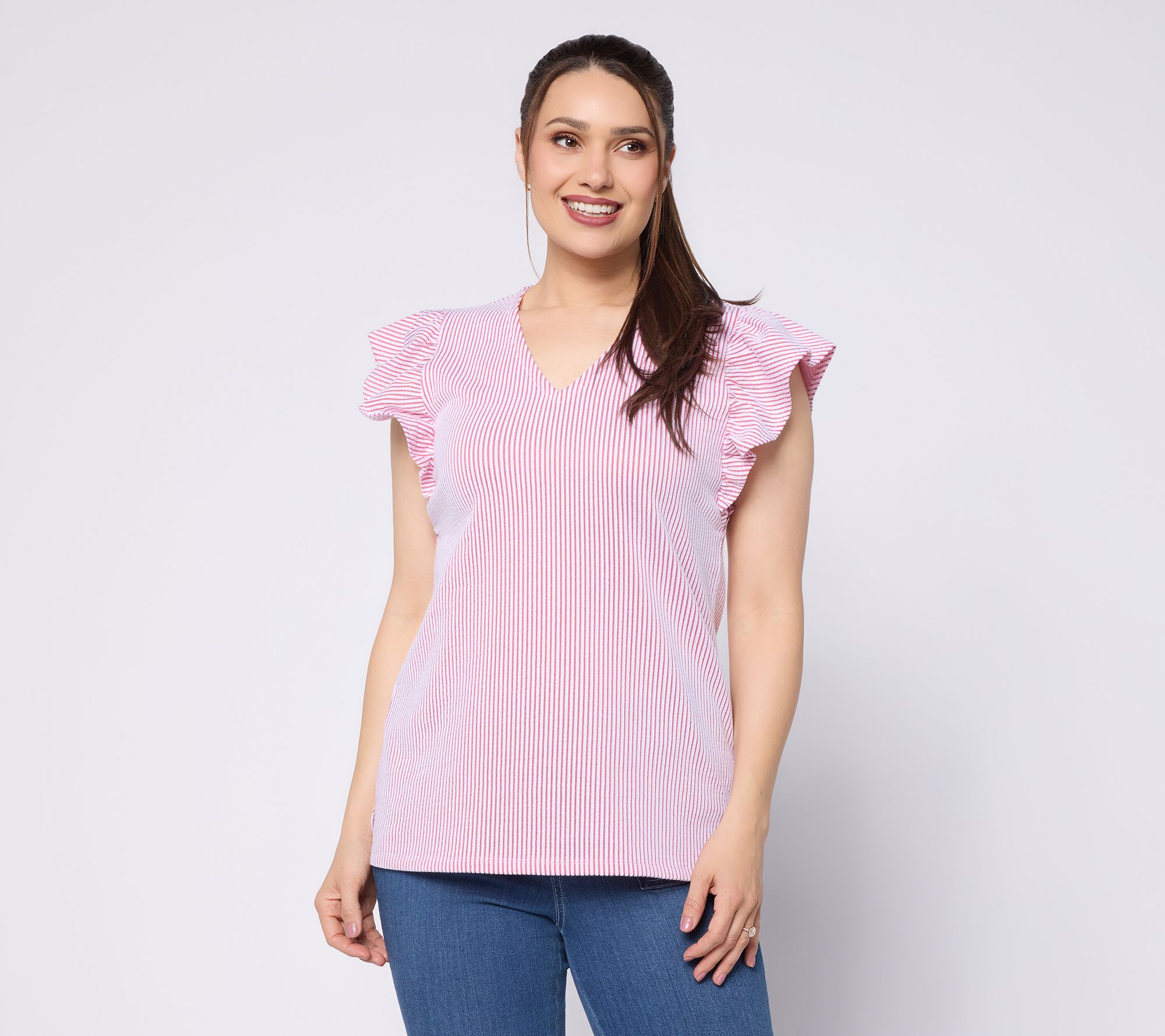 Liberty Belles by Kim Gravel Seersucker Ruffle Sleeve Mini Stripe Top