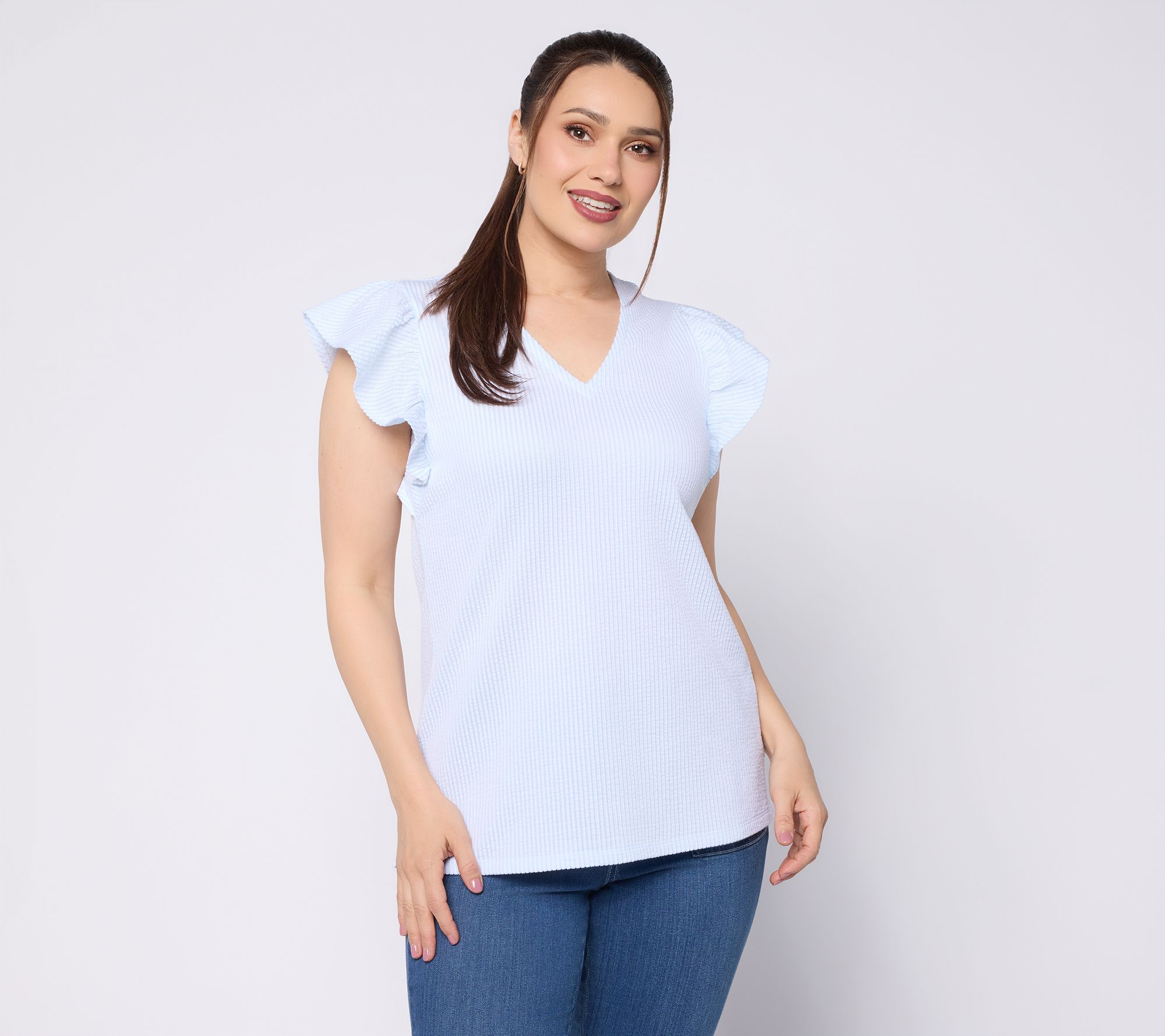 Liberty Belles by Kim Gravel Seersucker Ruffle Sleeve Mini Stripe Top