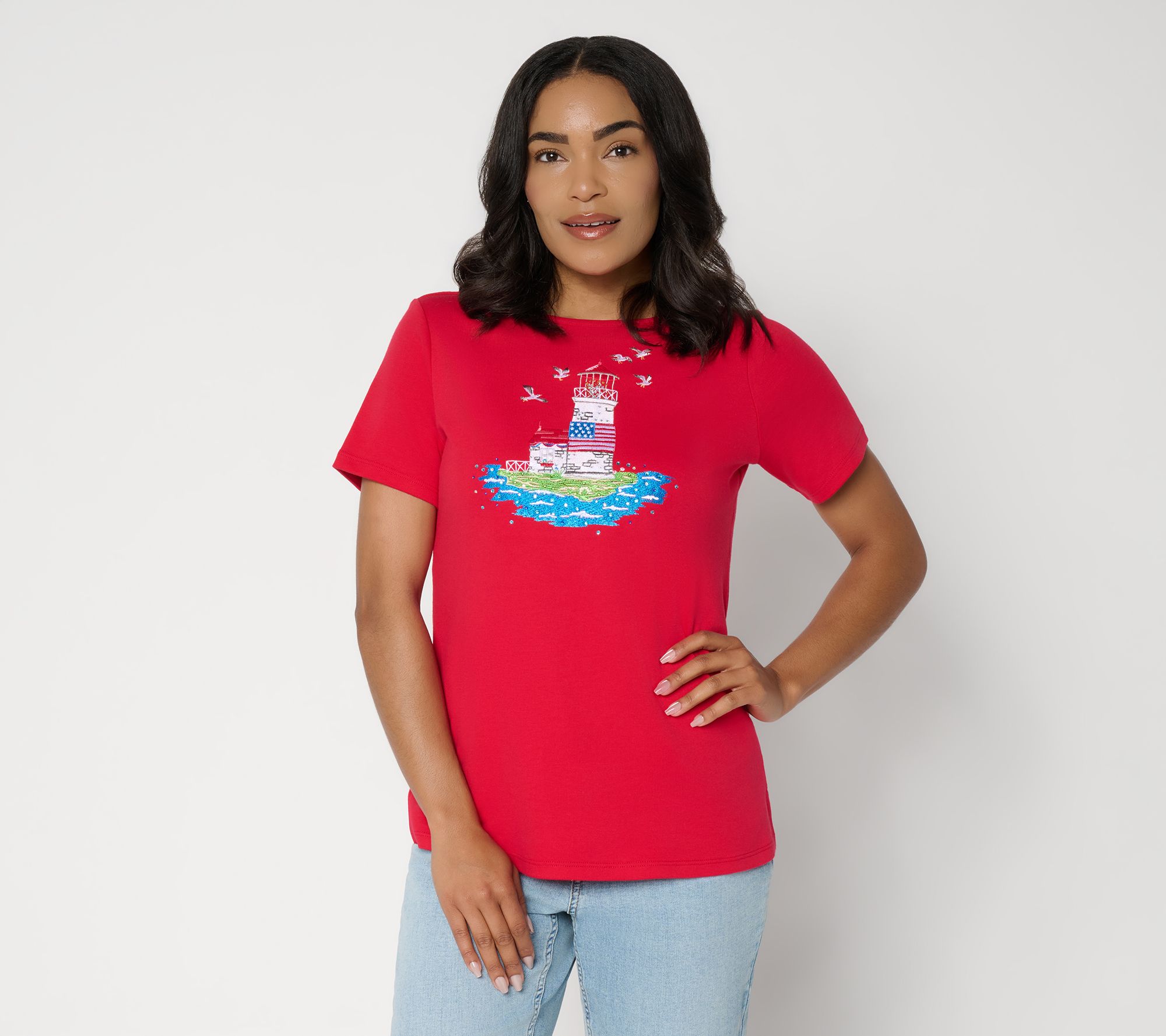  Quacker Factory Americana Lighthouse Short Sleeve Top