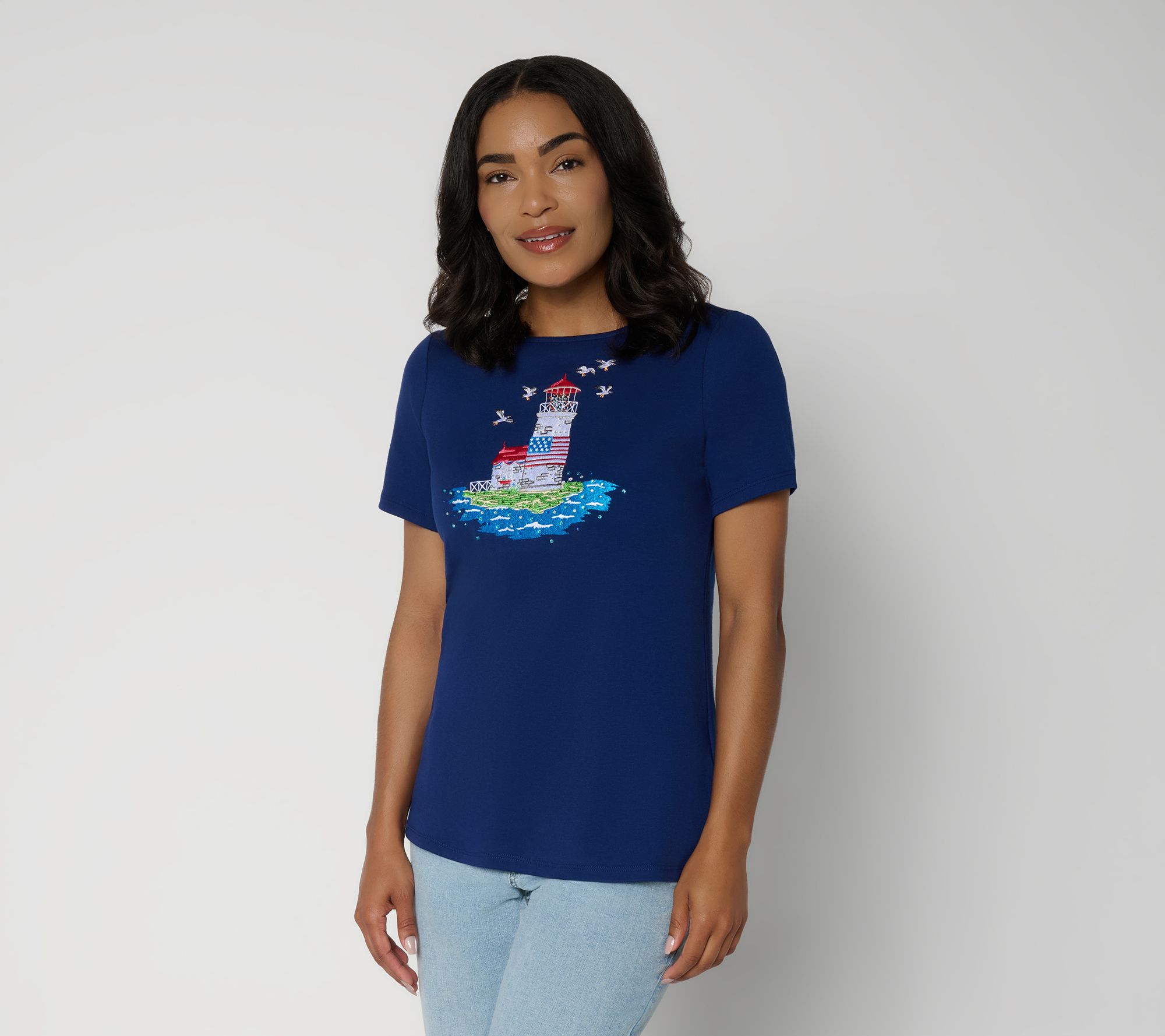 Quacker Factory Americana Lighthouse Short Sleeve Top