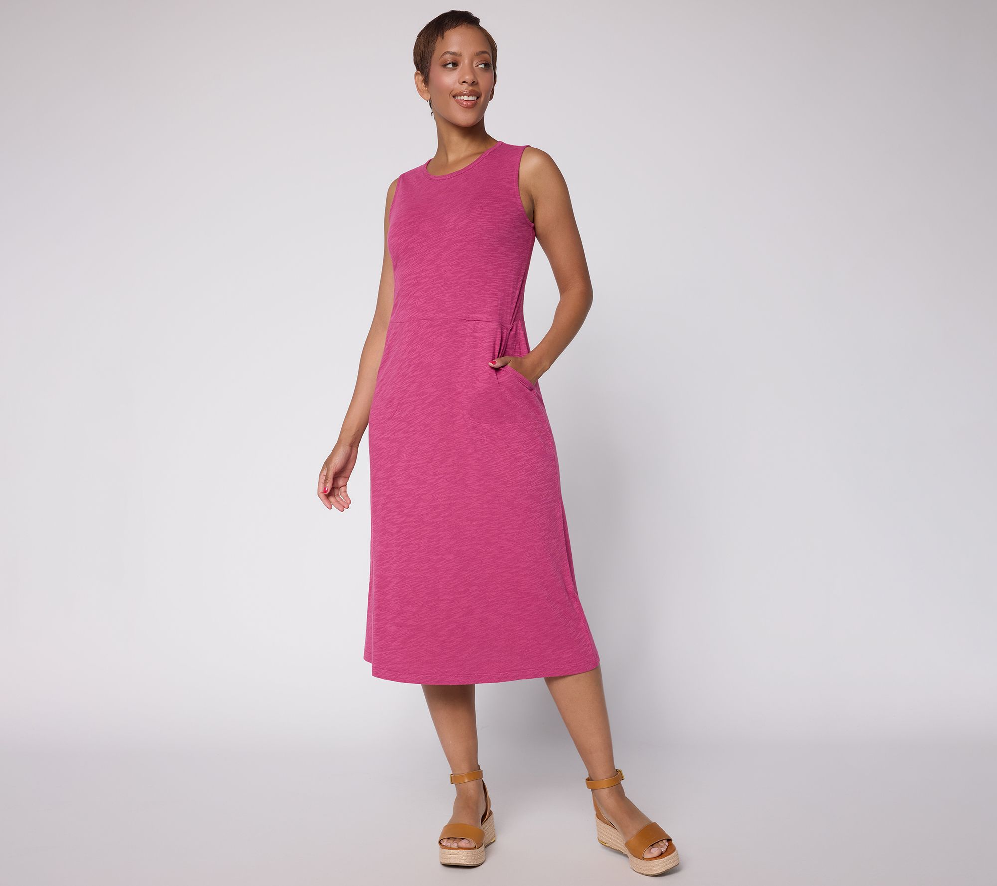 Denim & Co. Cotton Slub Round Neck Midi Dress w/ Pockets