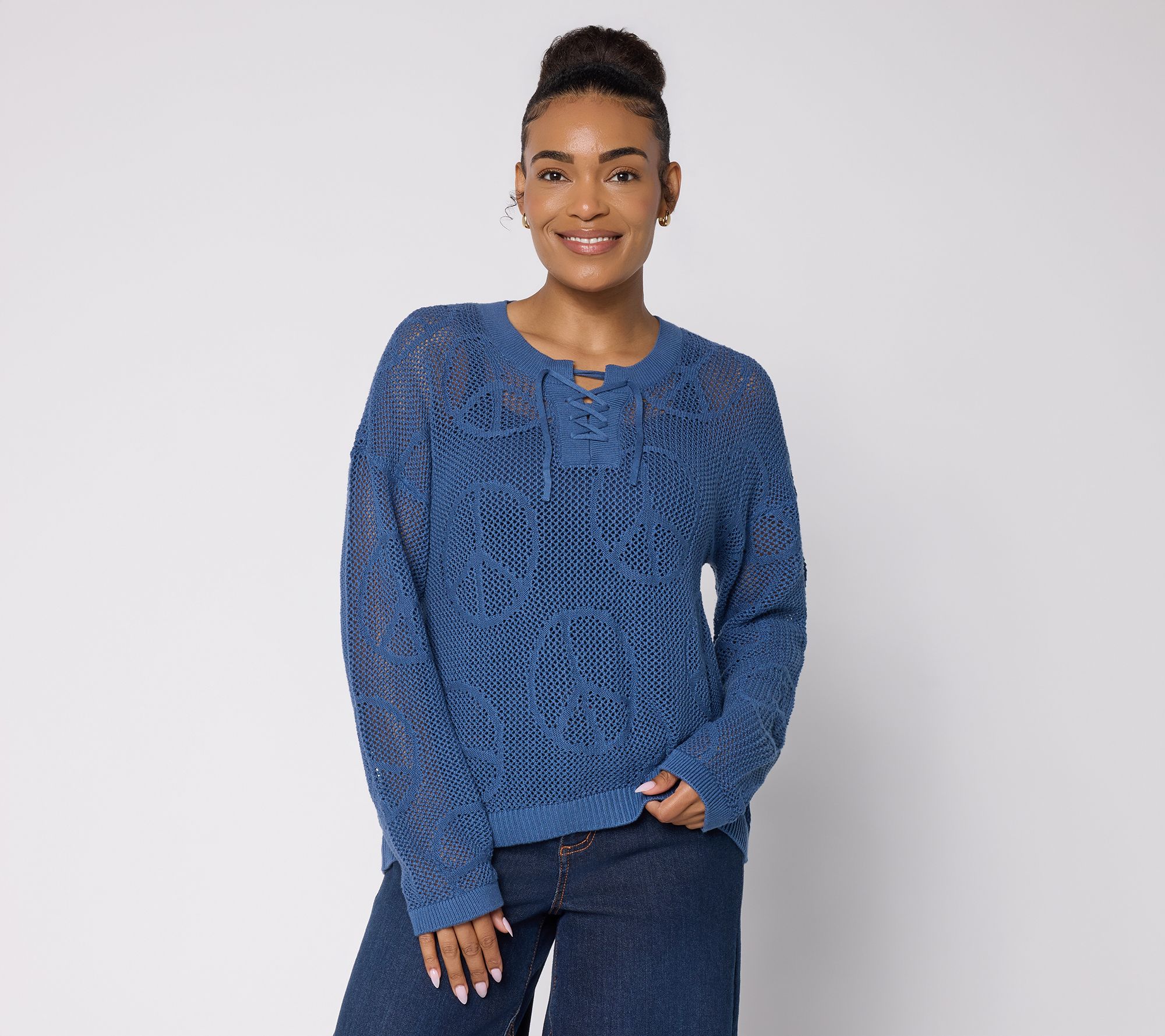 Peace Love World Mixed Motif Lace Up Cotton Sweater