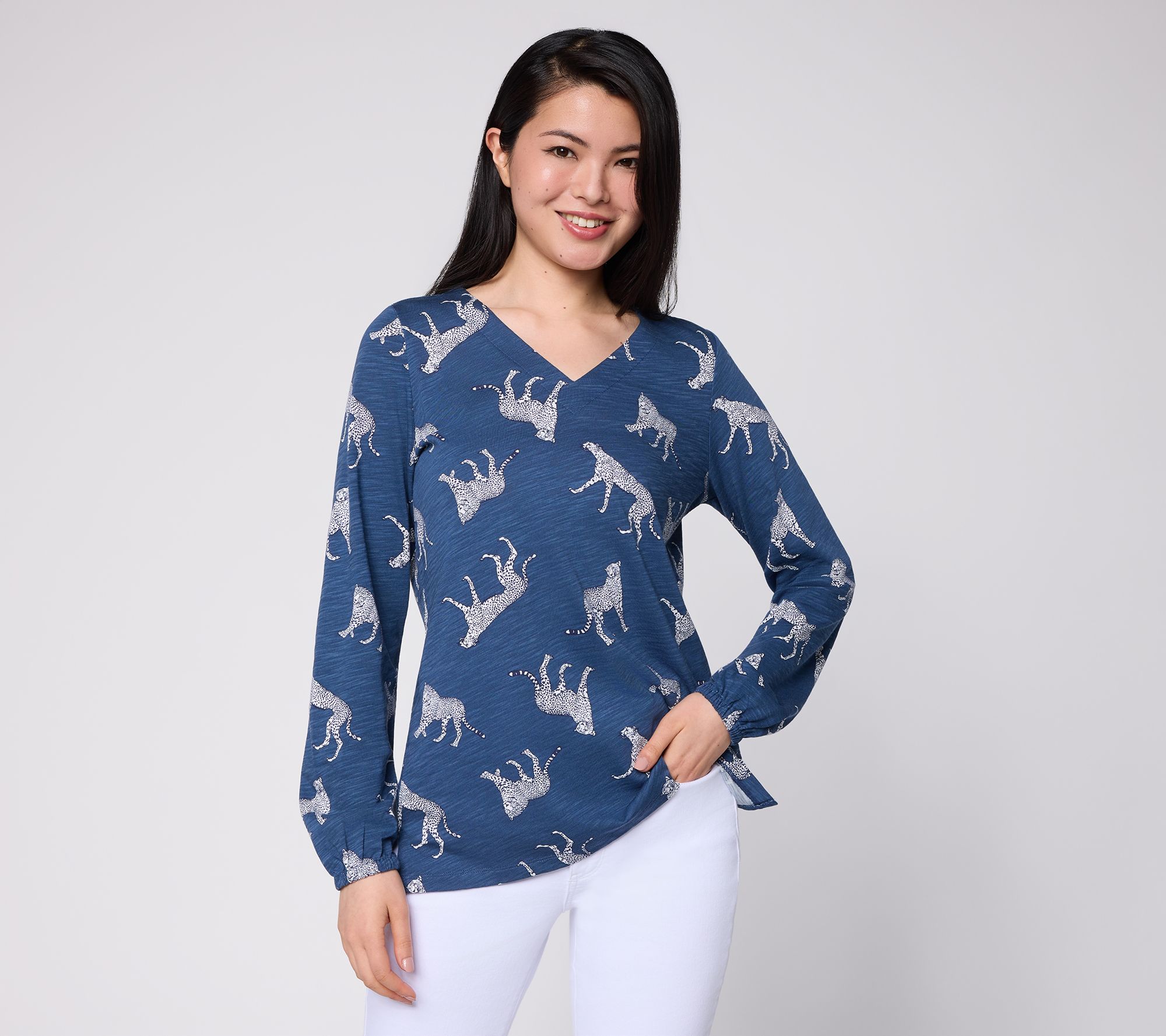 Belle by Kim Gravel Slub Knit Jumping Jaguar V-Neck Top
