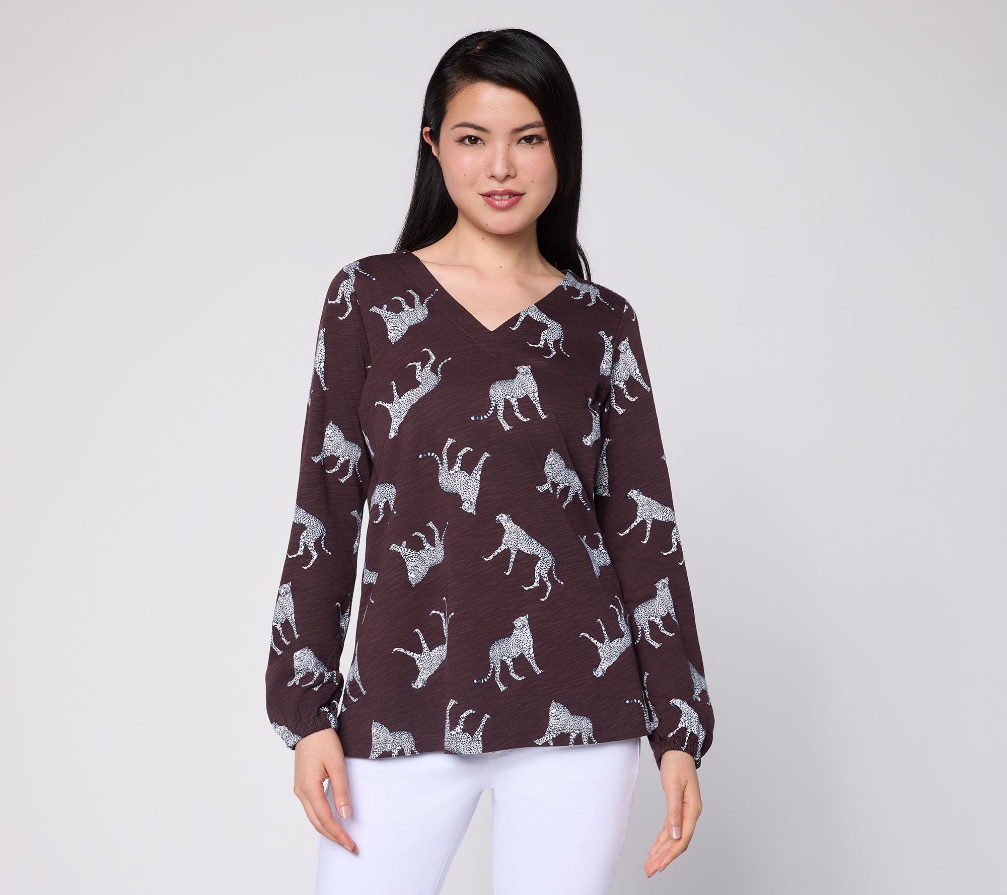 Belle by Kim Gravel Slub Knit Jumping Jaguar V-Neck Top