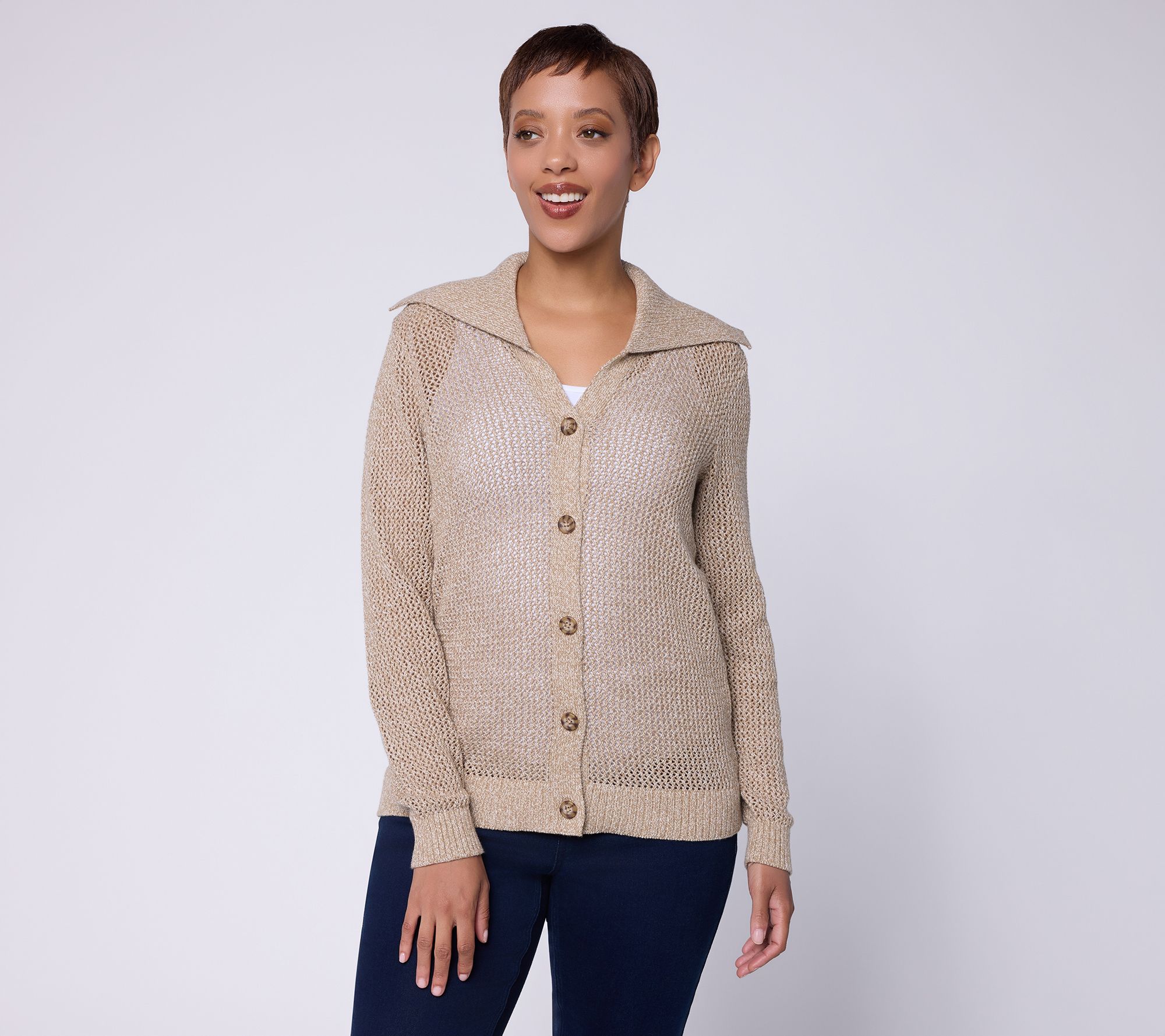 Denim & Co. Petite 100% Cotton Button Front Marled Cardigan