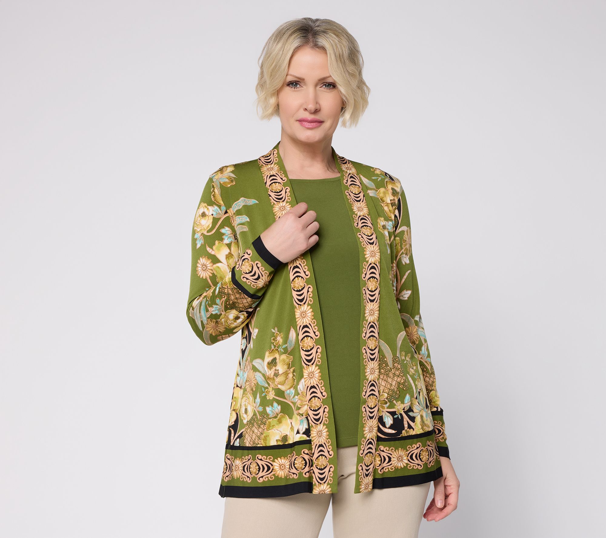  Susan Graver Regular Printed Liquid Knit Cardigan and Tank Set