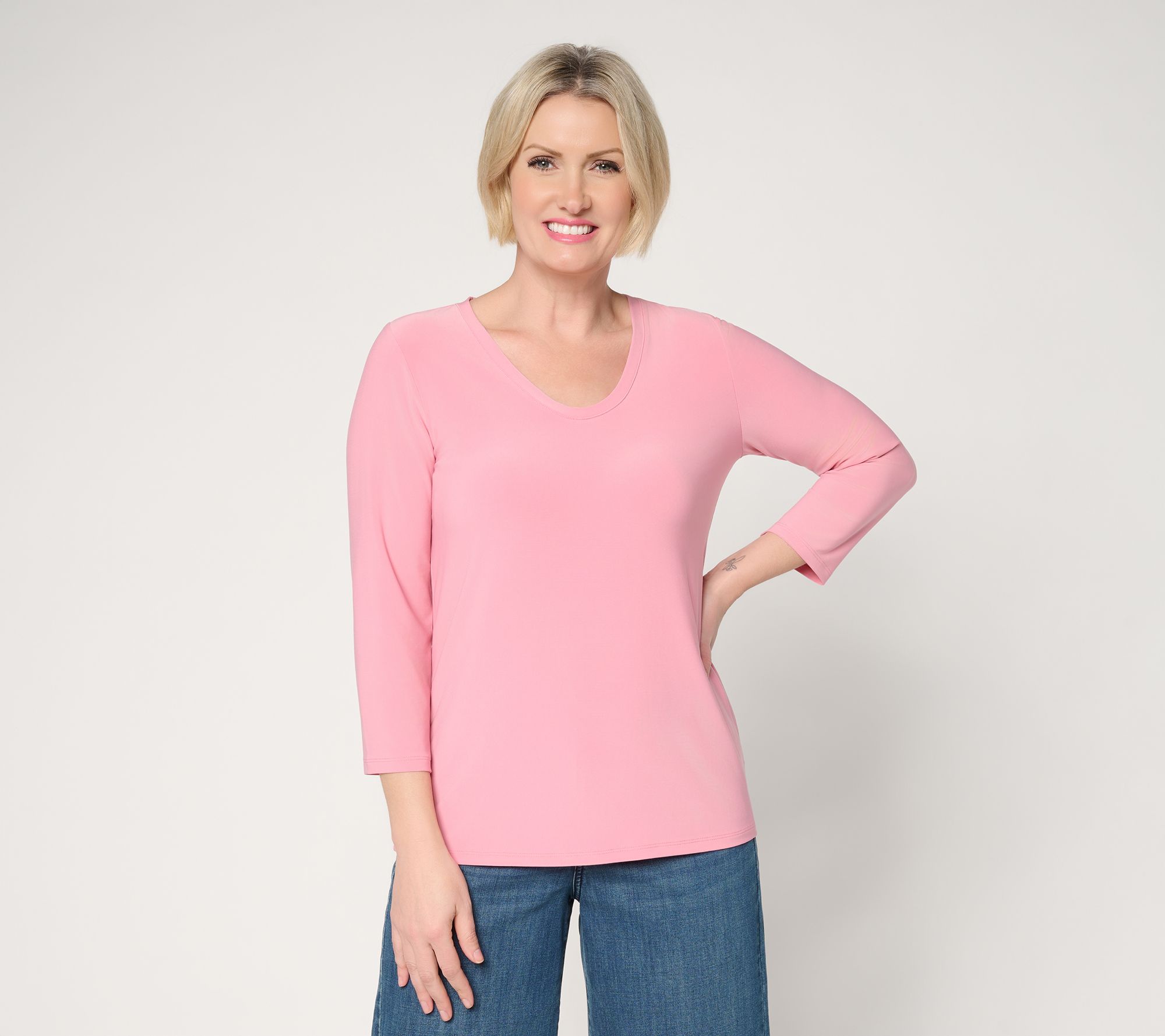 "As Is" Dennis Basso Basics Italia Knit Voop Neck 3/4 Sleeve Top