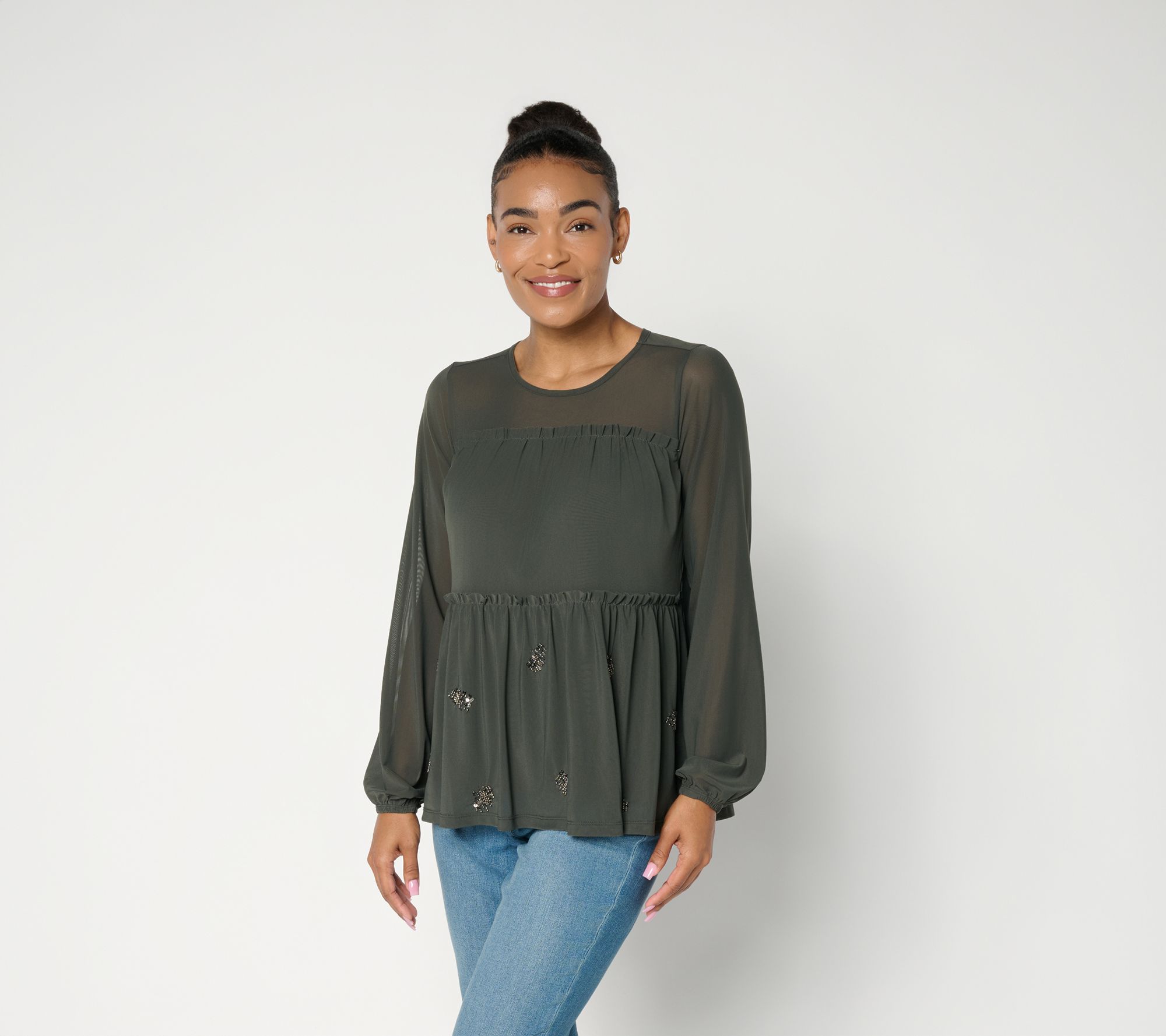 LOGO Lavish by Lori Goldstein Embellished Long Sleeve Mesh Top