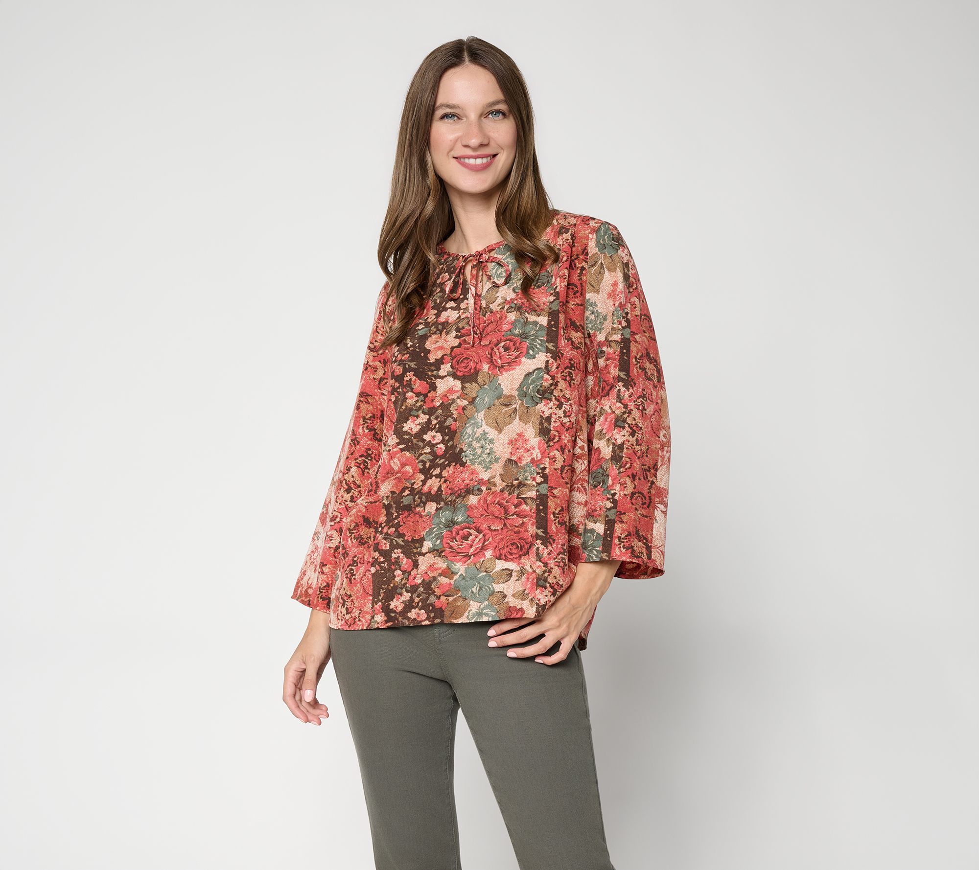 Denim & Co. Printed Woven Split Neck Blouse