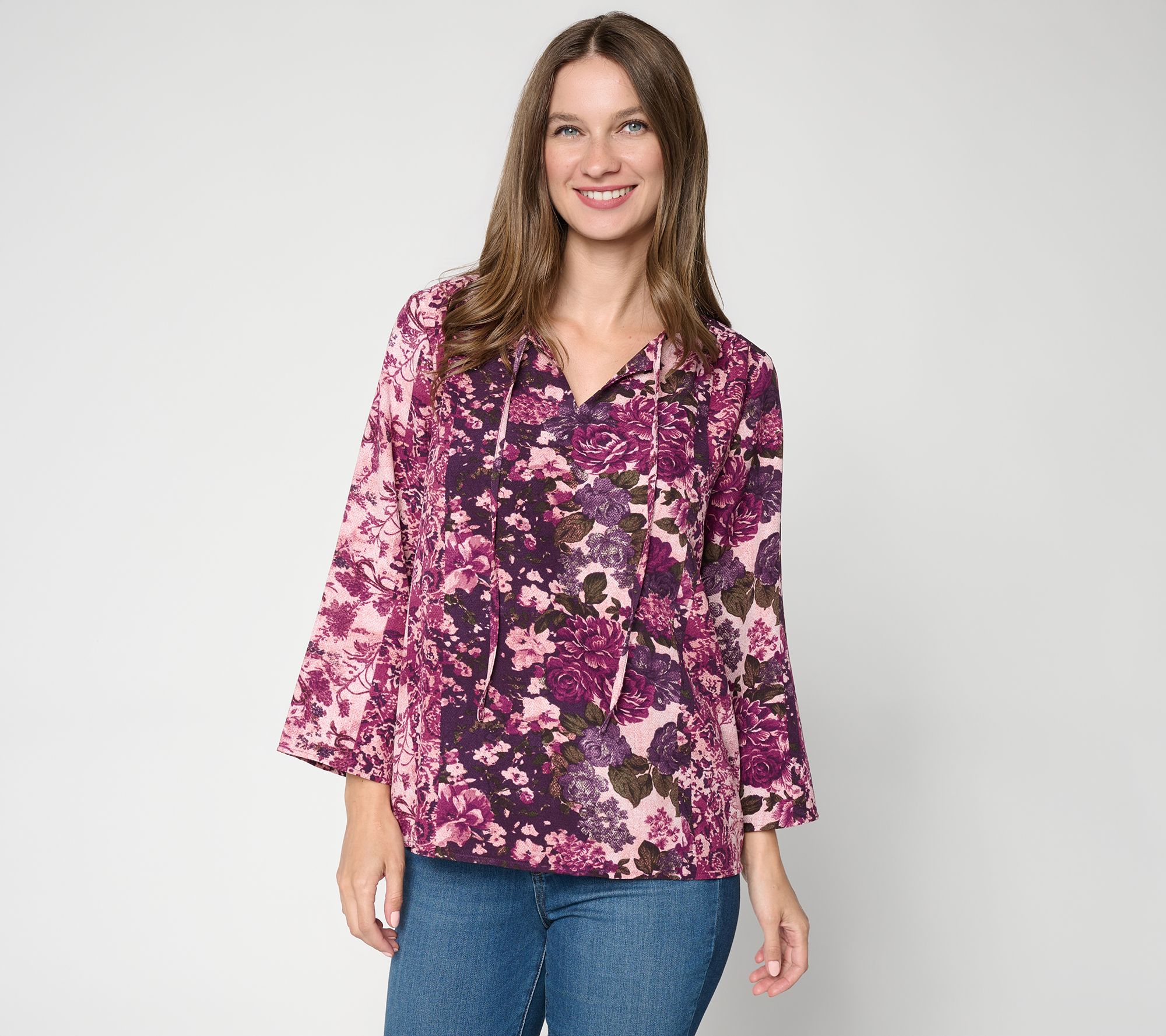 Denim & Co. Printed Woven Split Neck Blouse