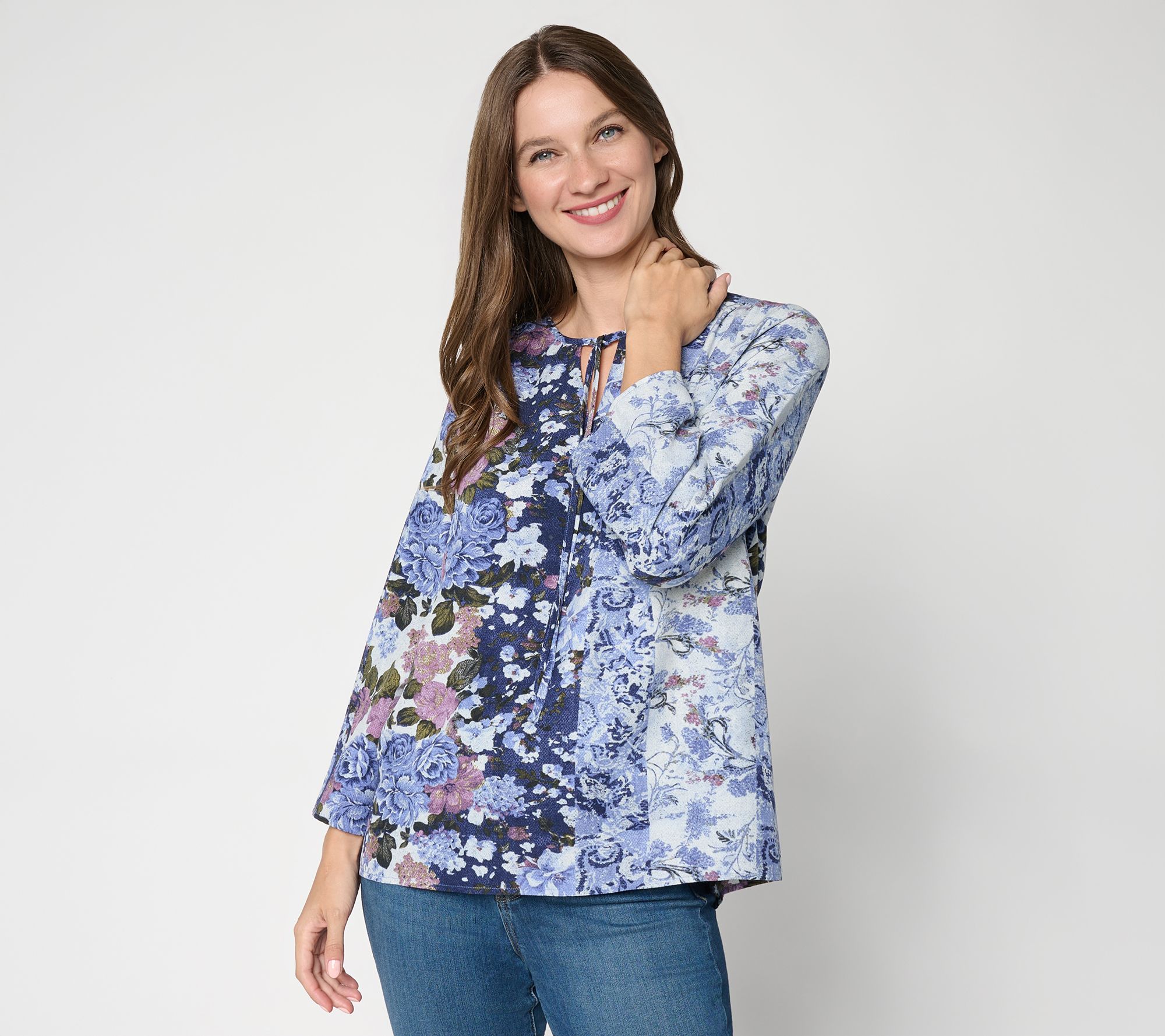 Denim & Co. Printed Woven Split Neck Blouse