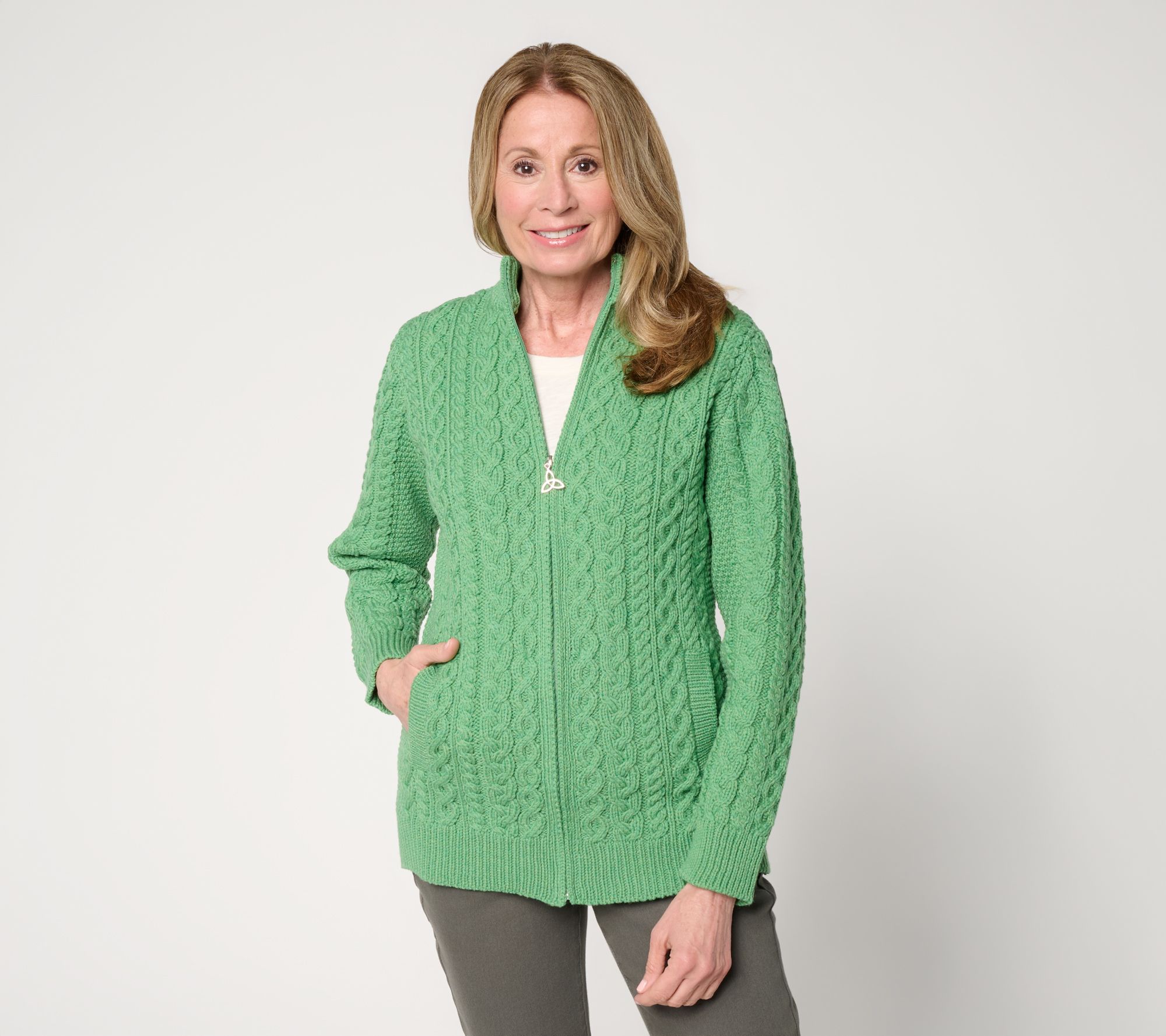 "As Is" Aran Crafts Merino Wool Zip Front Cardigan