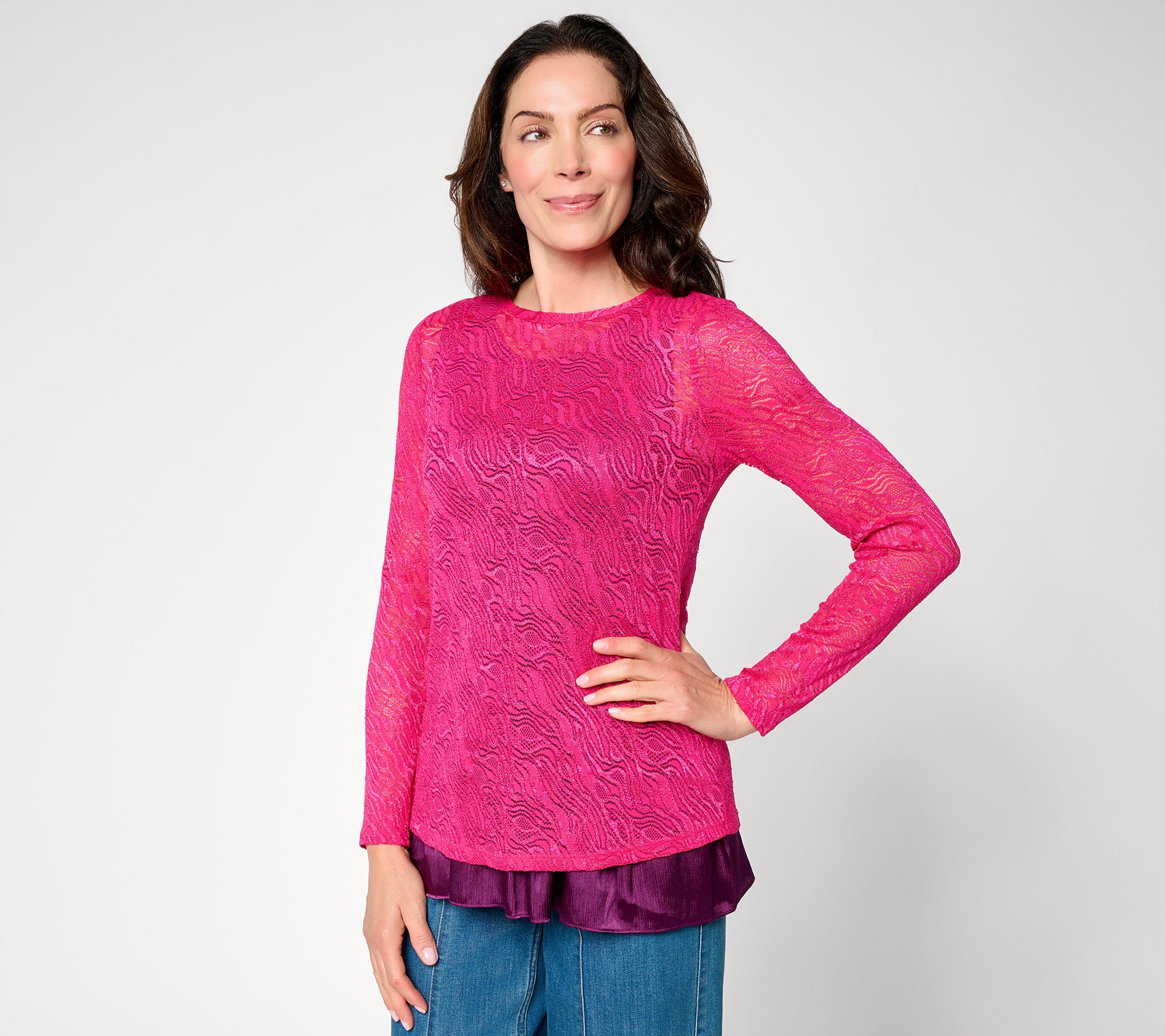  LOGO Layers by Lori Goldstein Petite Stretch Lace Top
