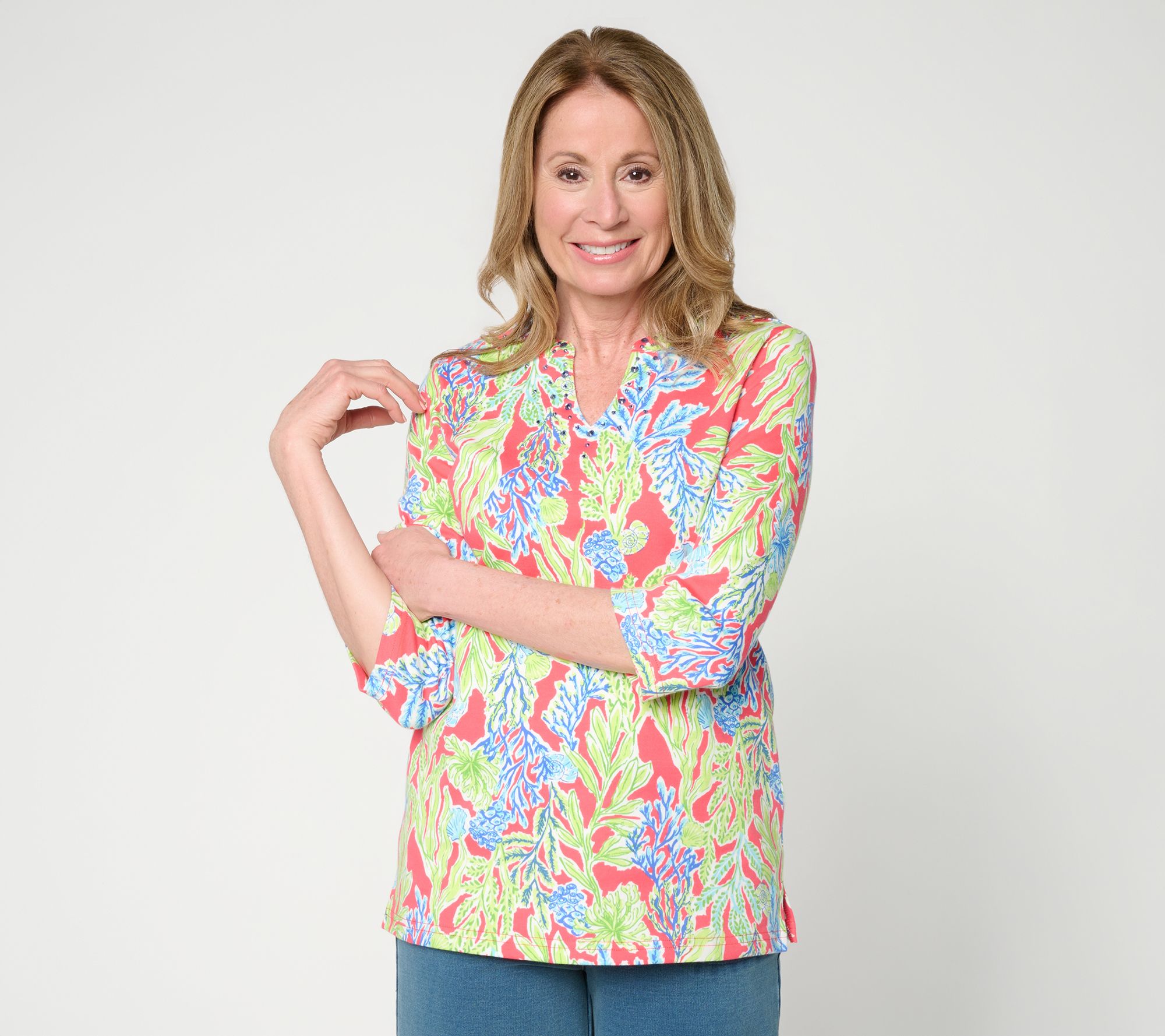 As Is Quacker Factory Under The Sea Printed 3/4 Sleeve Top