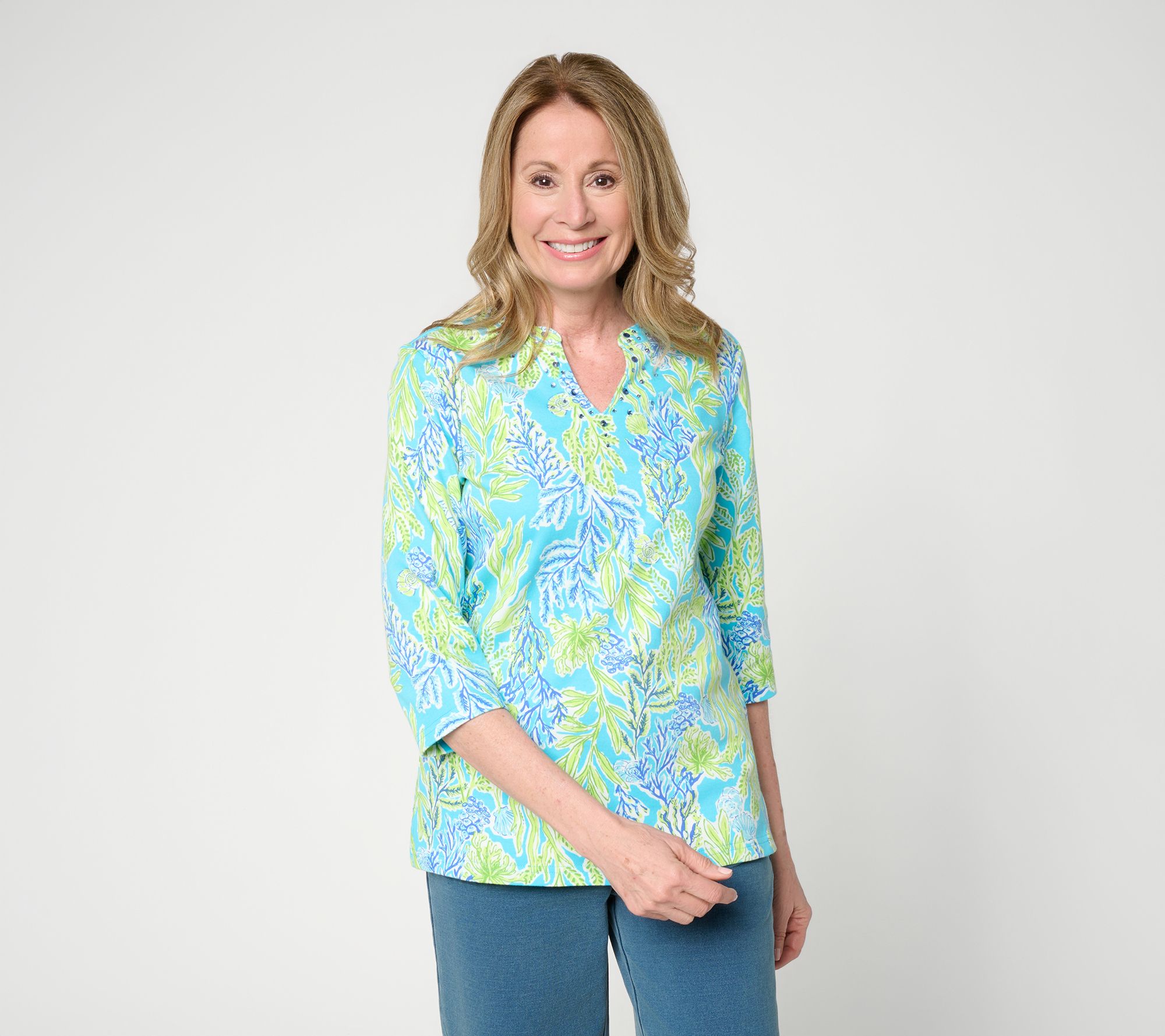 "As Is" Quacker Factory Under The Sea Printed 3/4 Sleeve Top