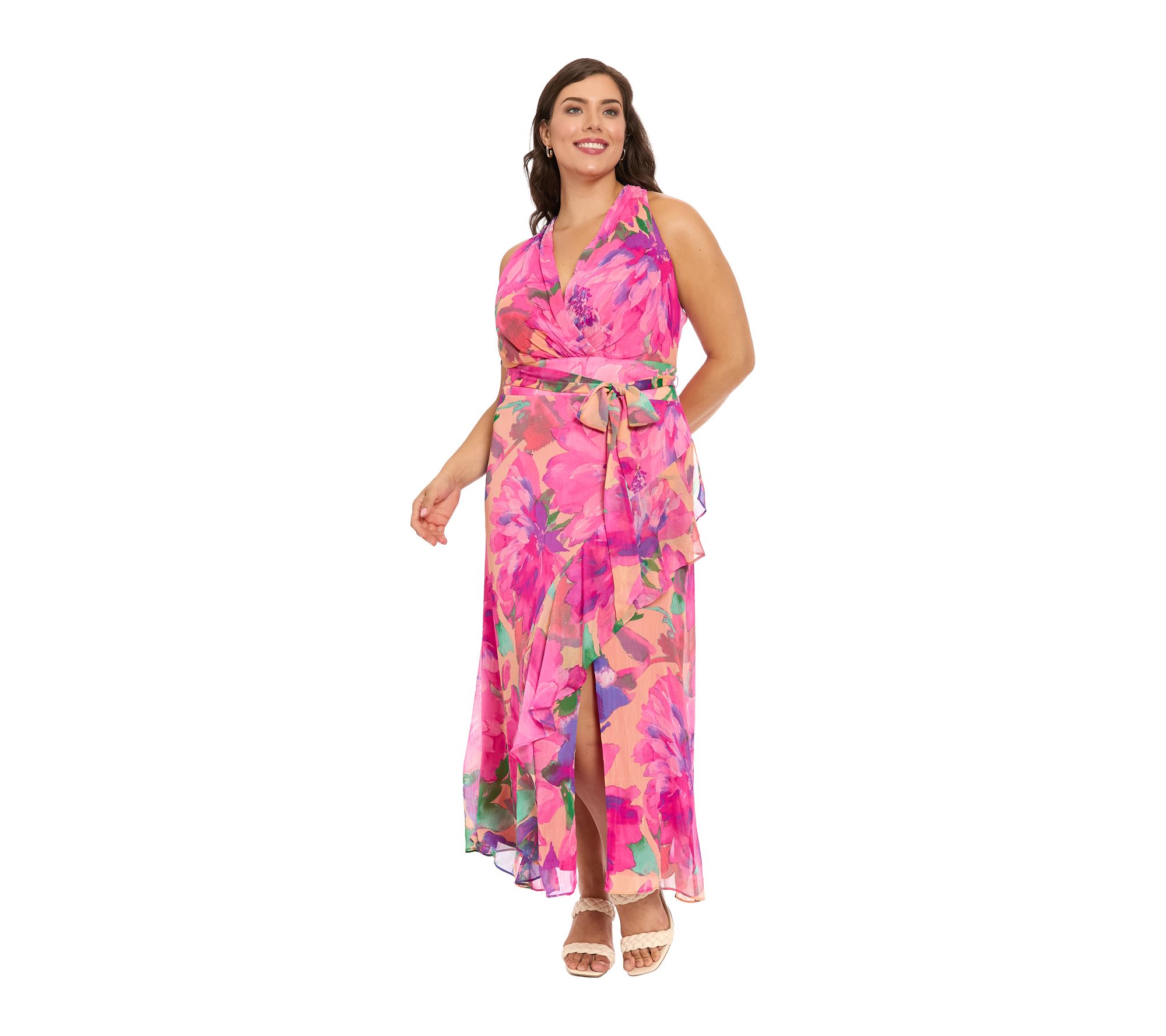 London Times Plus Ruched Neck Halter Maxi WithSash