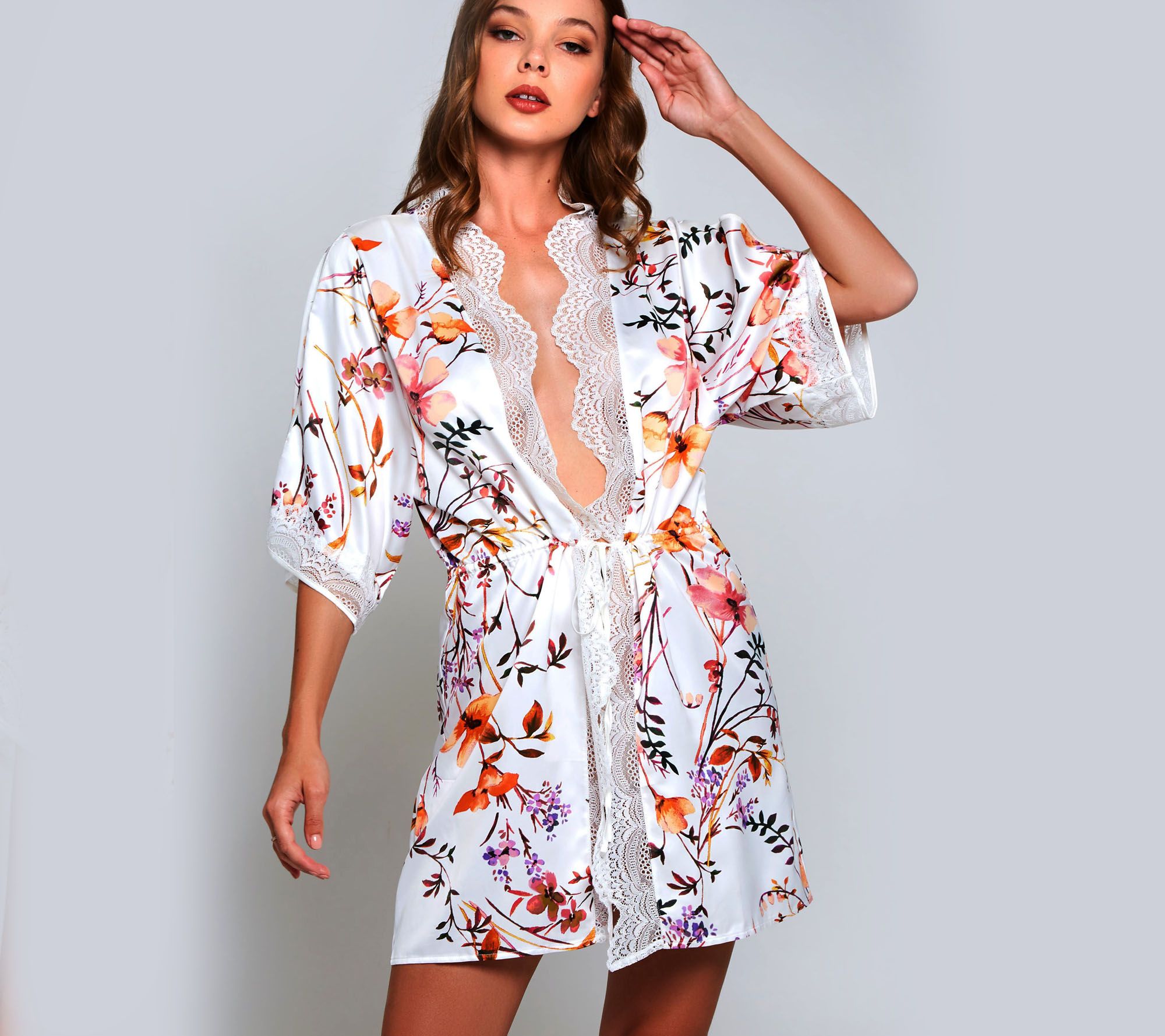 iCollection Floral Robe with Laced Placket WithSplit Sleeves