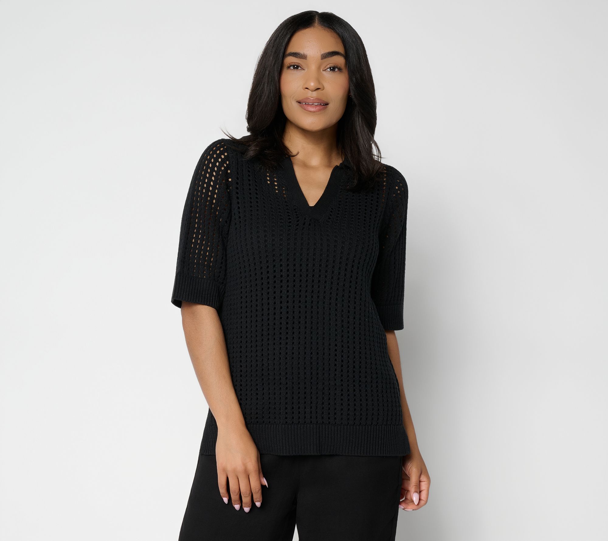 "As Is" Susan Graver Open Stitch Collared Sweater